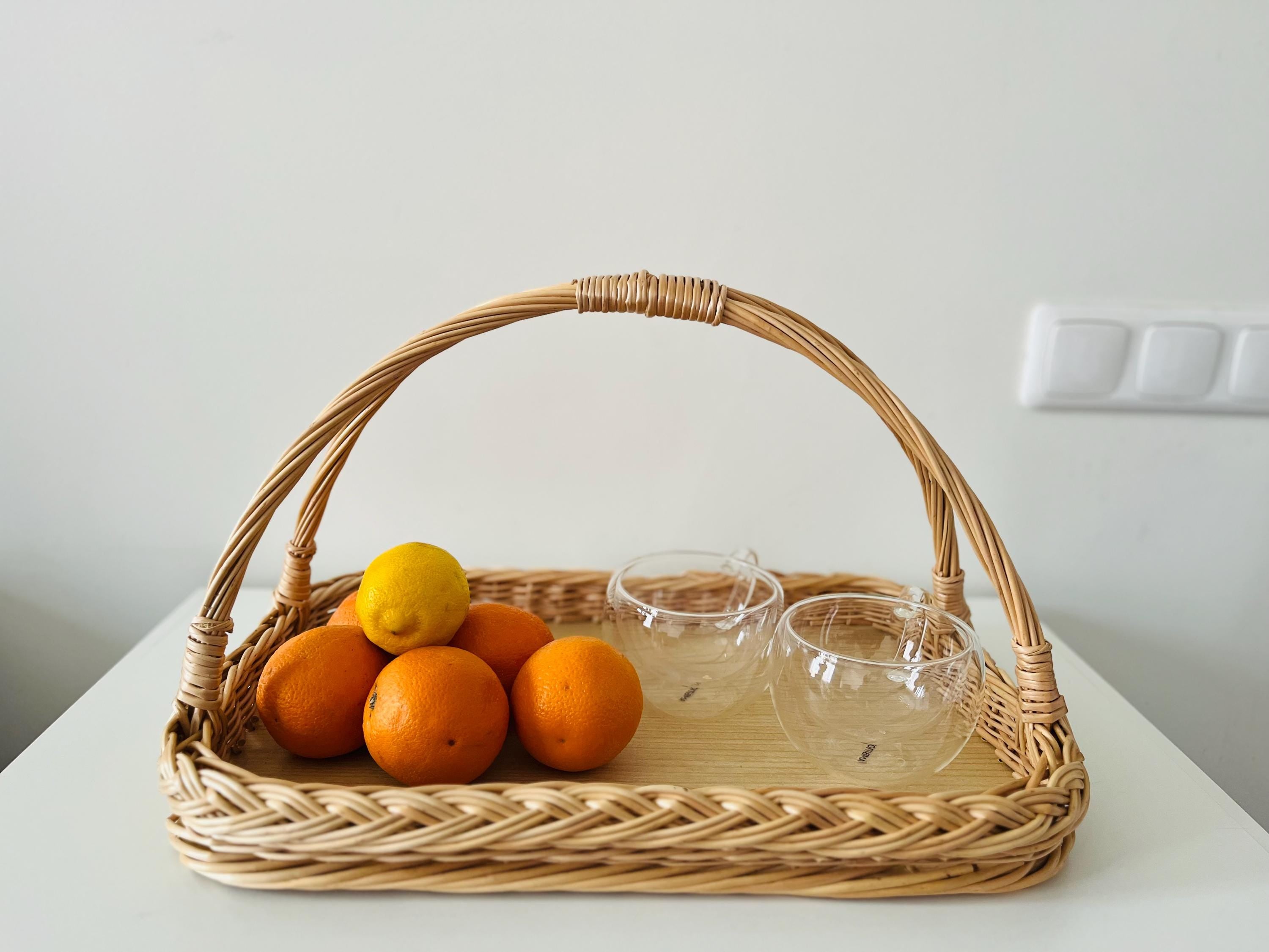 Handwoven Wicker Tray - Rustic Willow Serving Basket with Handles, Natural Table or Kitchen Decor