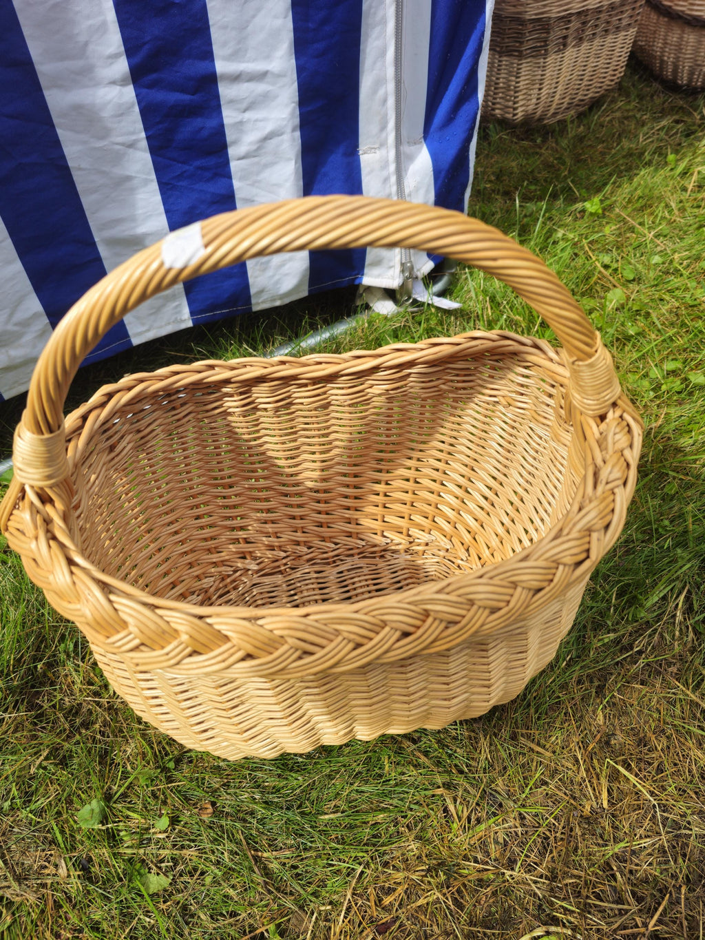 Wicker Basket with Braided Rim - Handwoven Oval Gathering Basket