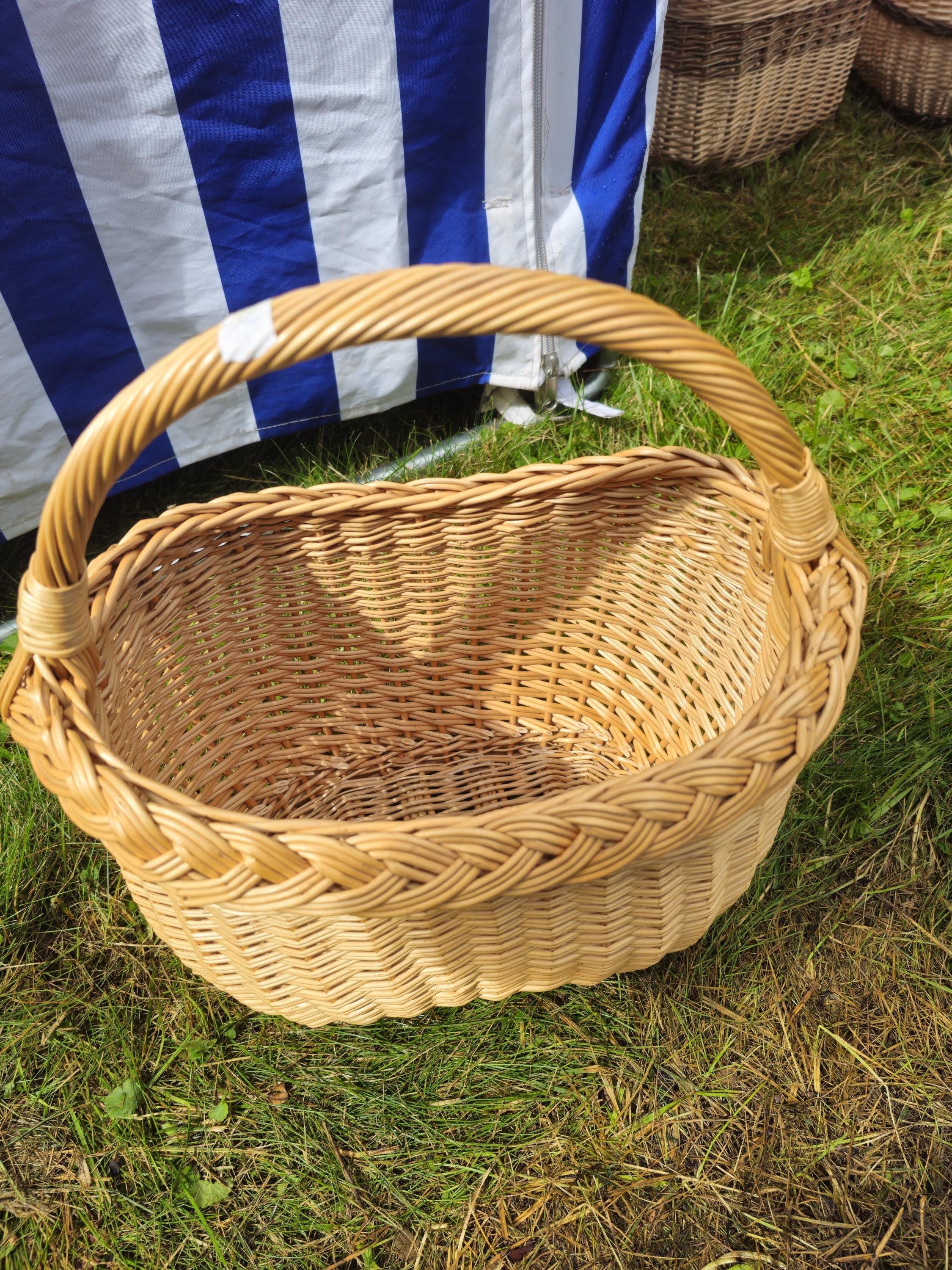 Wicker Basket with Braided Rim - Handwoven Oval Gathering Basket