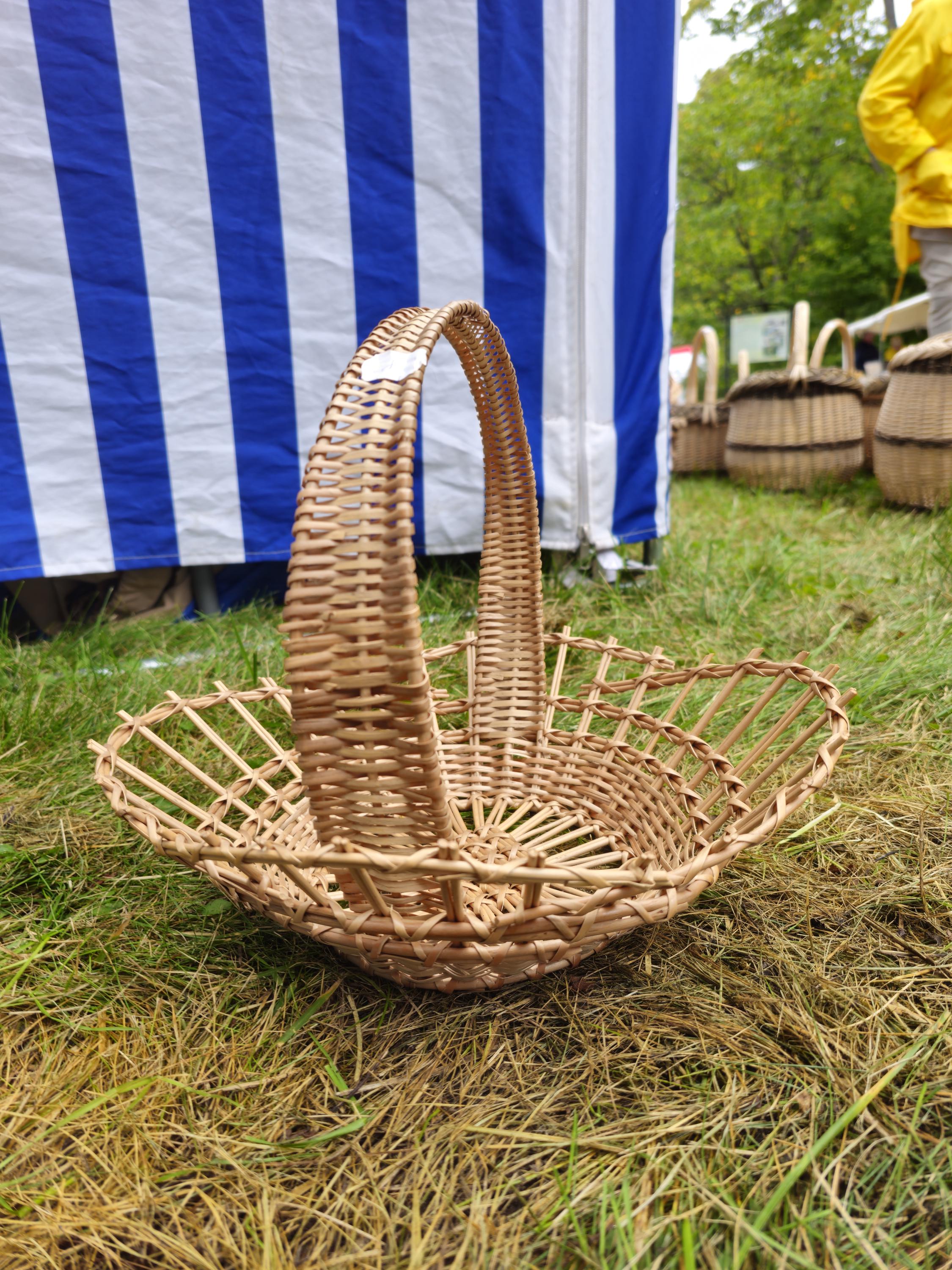 Shallow Wicker Display Basket with Arched Handle - Oval Handwoven Tray