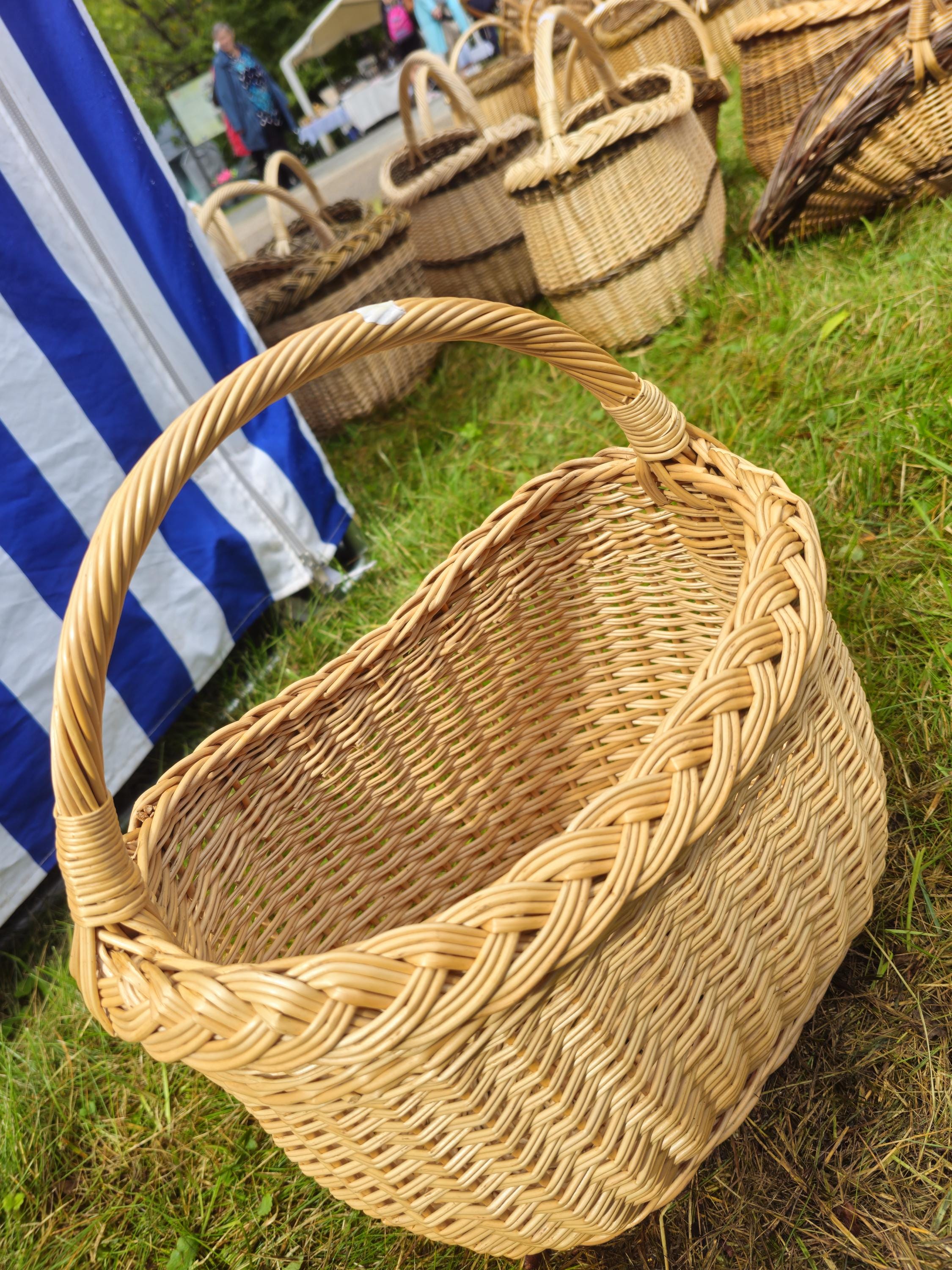 Wicker Basket with Braided Rim - Handwoven Oval Gathering Basket