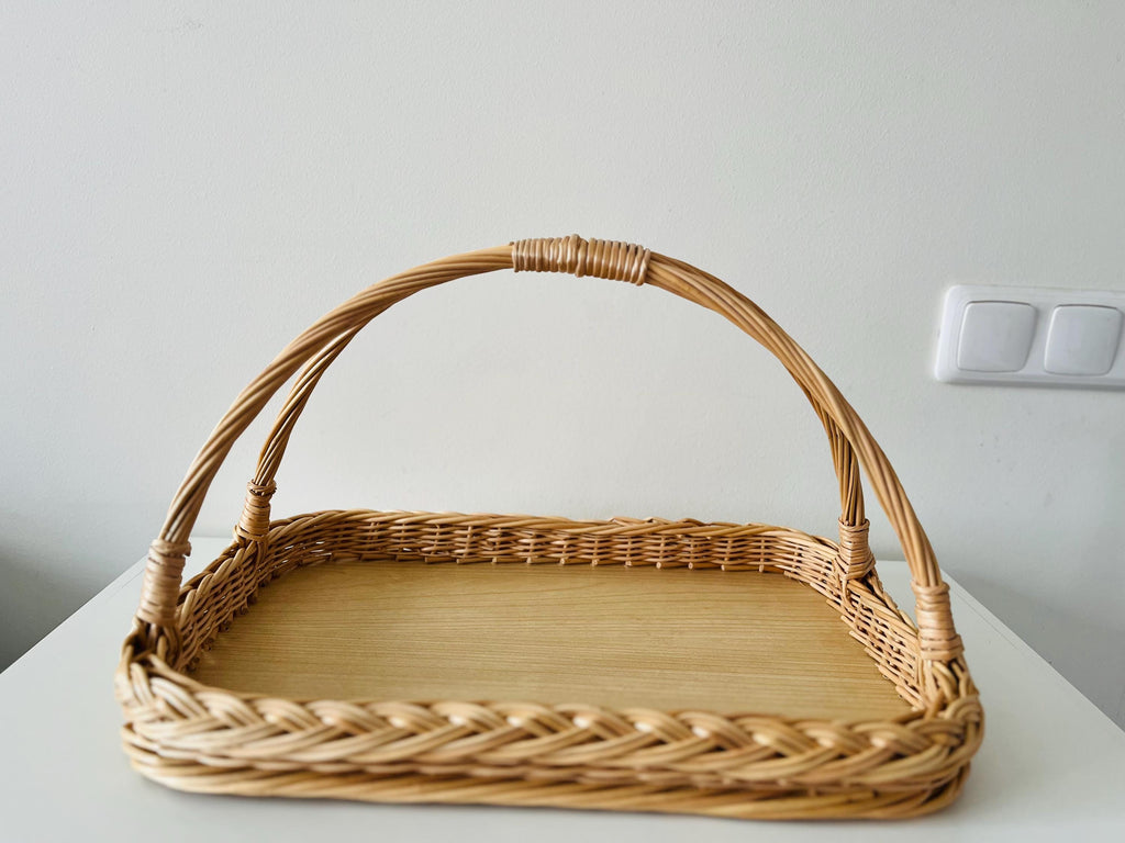 Handwoven Wicker Tray - Rustic Willow Serving Basket with Handles, Natural Table or Kitchen Decor