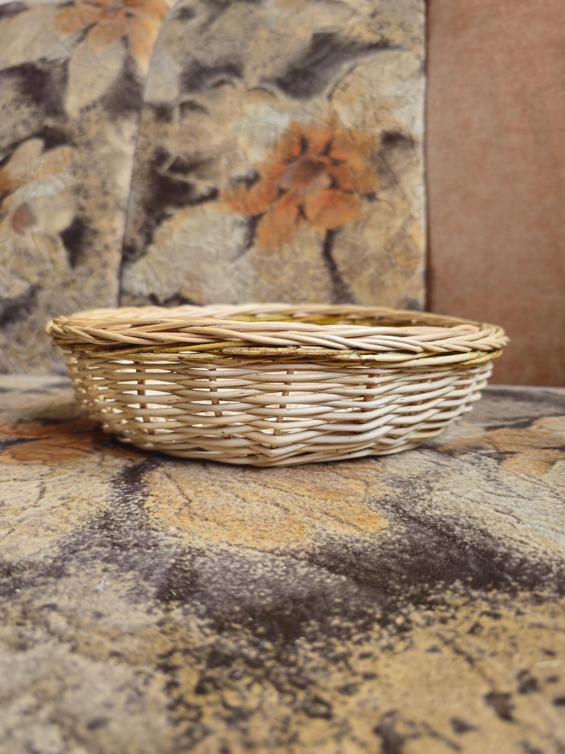 Rustic Bread Wicker Basket - Low round handmade serving bowl