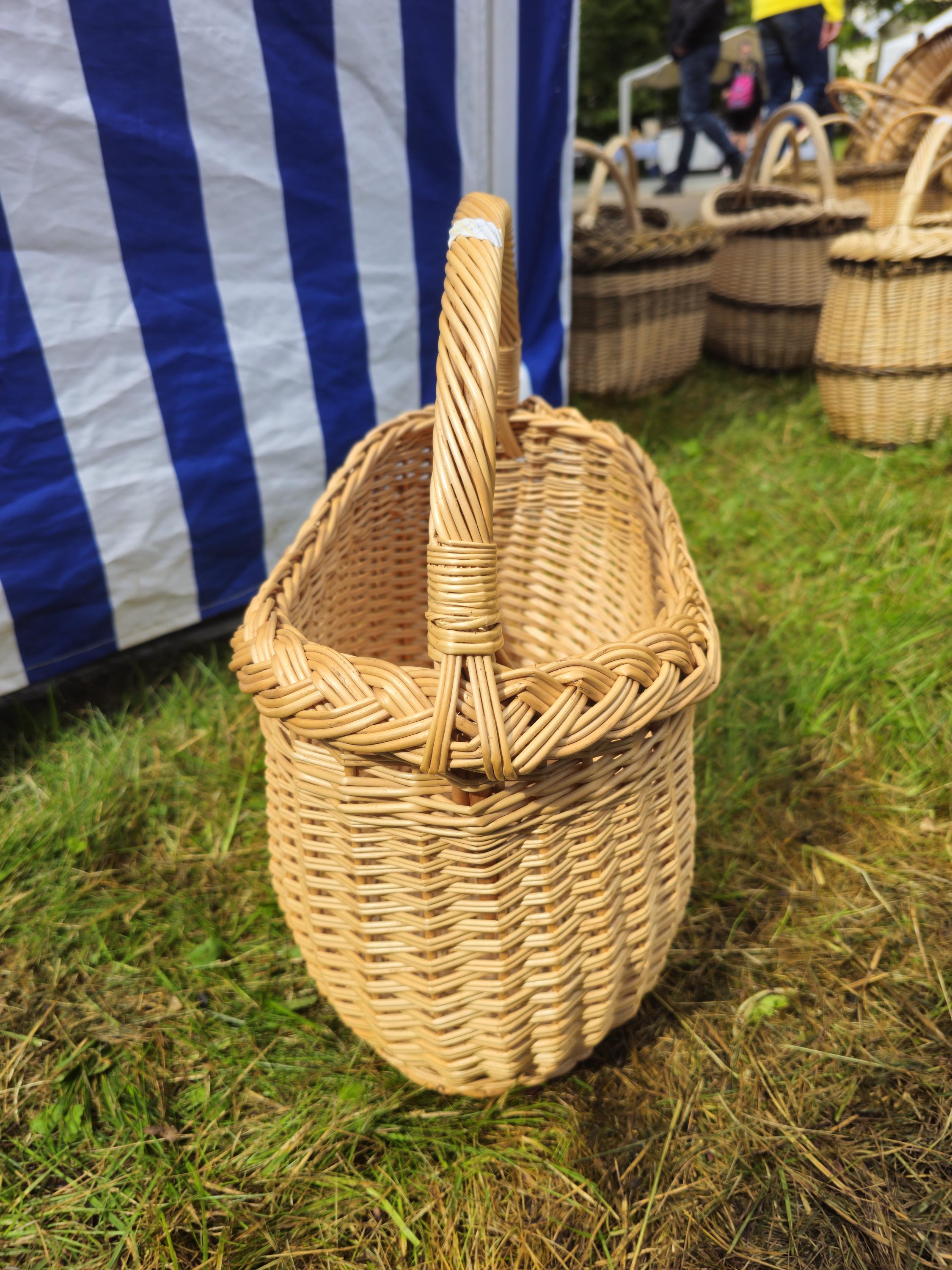 Wicker Basket with Braided Rim - Handwoven Oval Gathering Basket