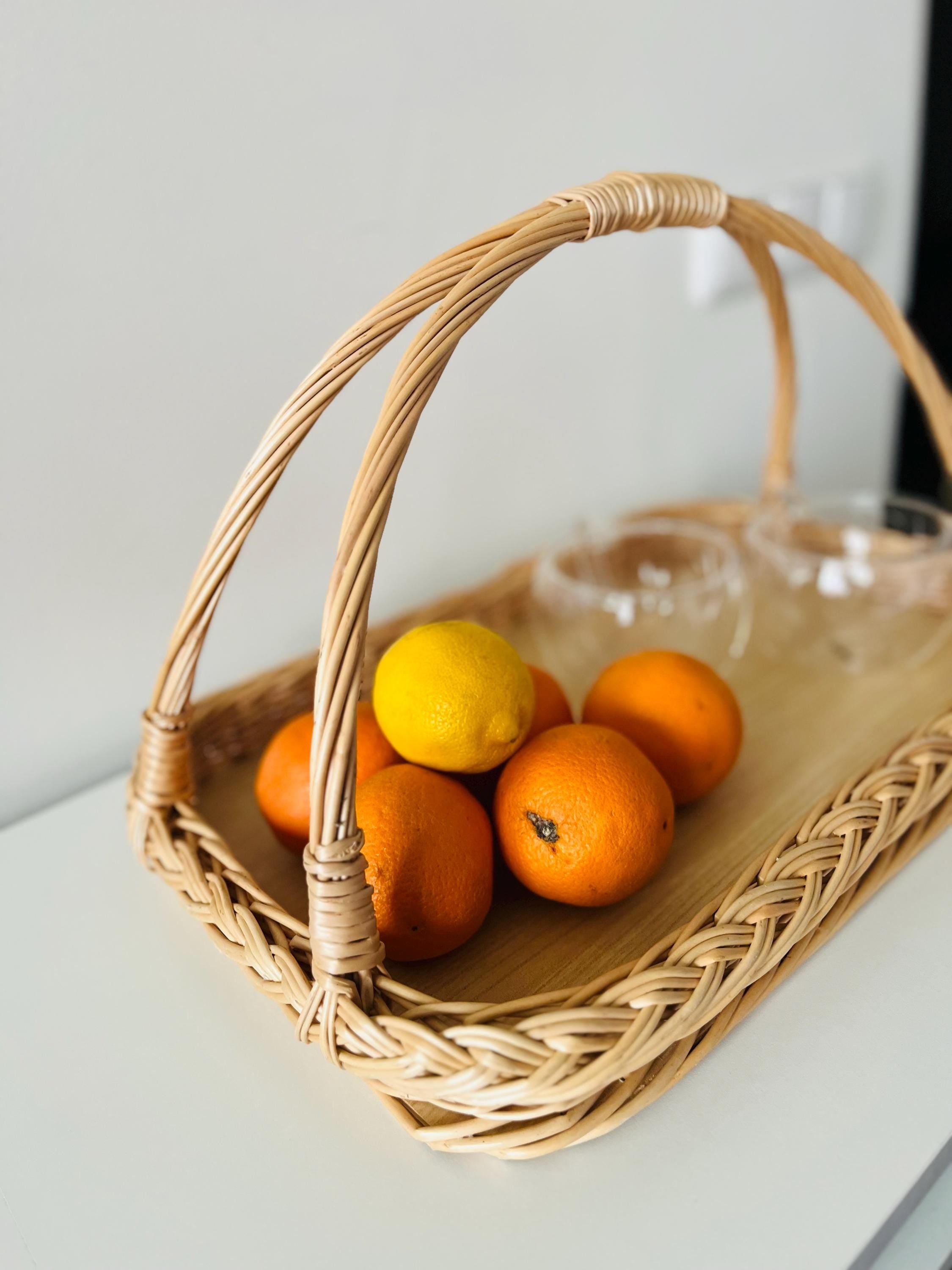 Handwoven Wicker Tray - Rustic Willow Serving Basket with Handles, Natural Table or Kitchen Decor