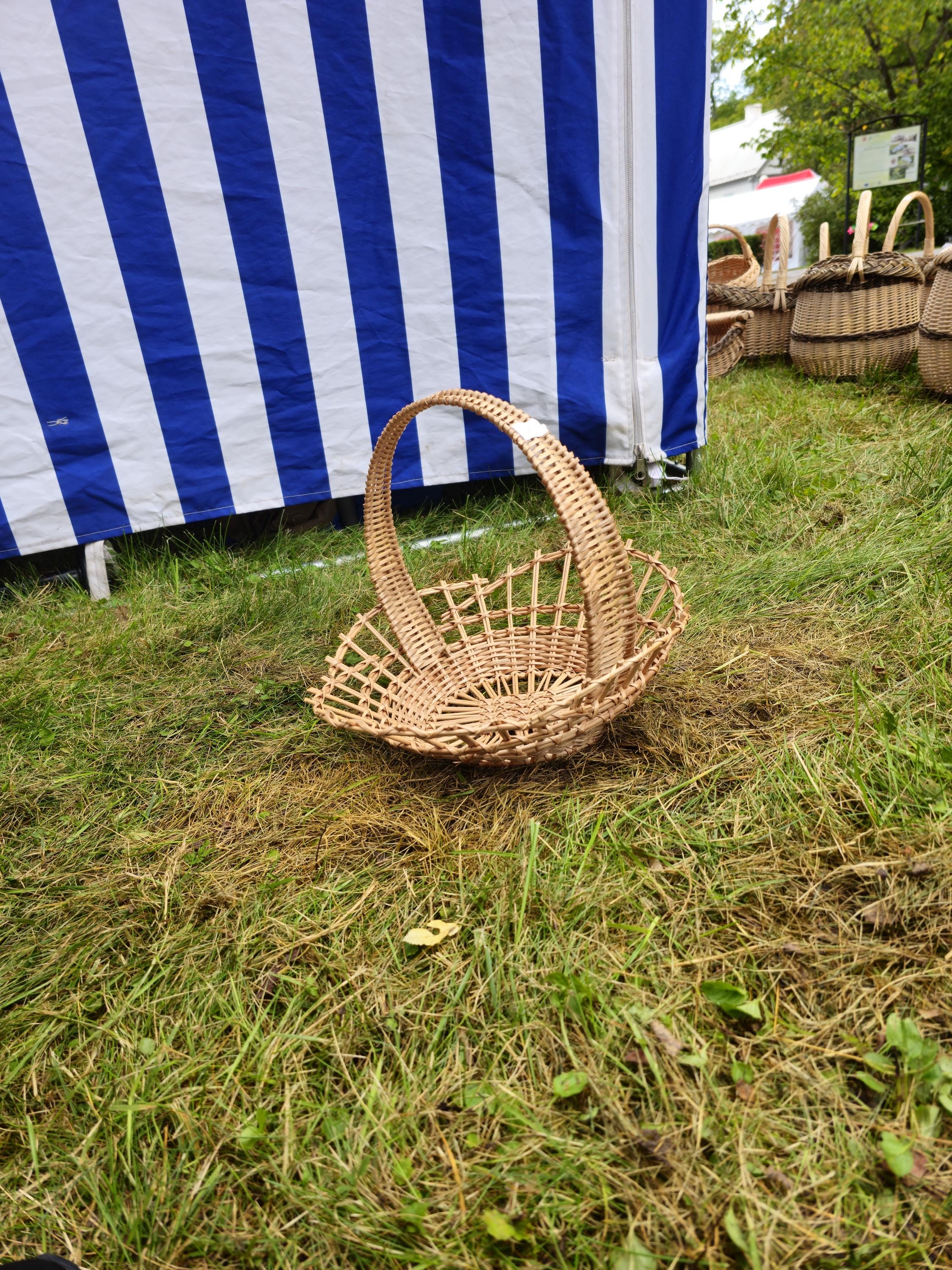 Shallow Wicker Display Basket with Arched Handle - Oval Handwoven Tray