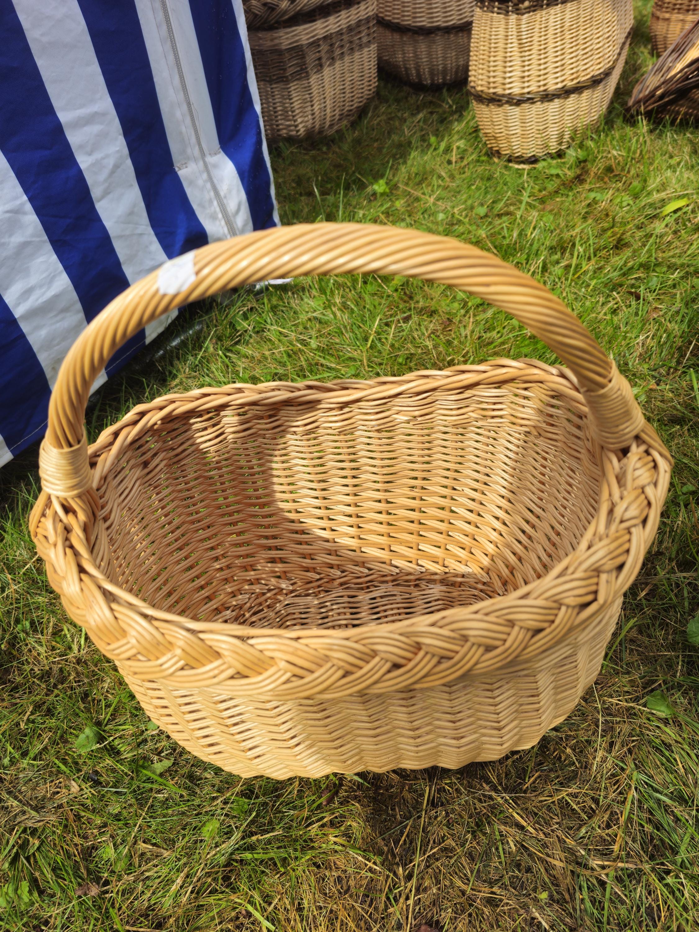 Wicker Basket with Braided Rim - Handwoven Oval Gathering Basket