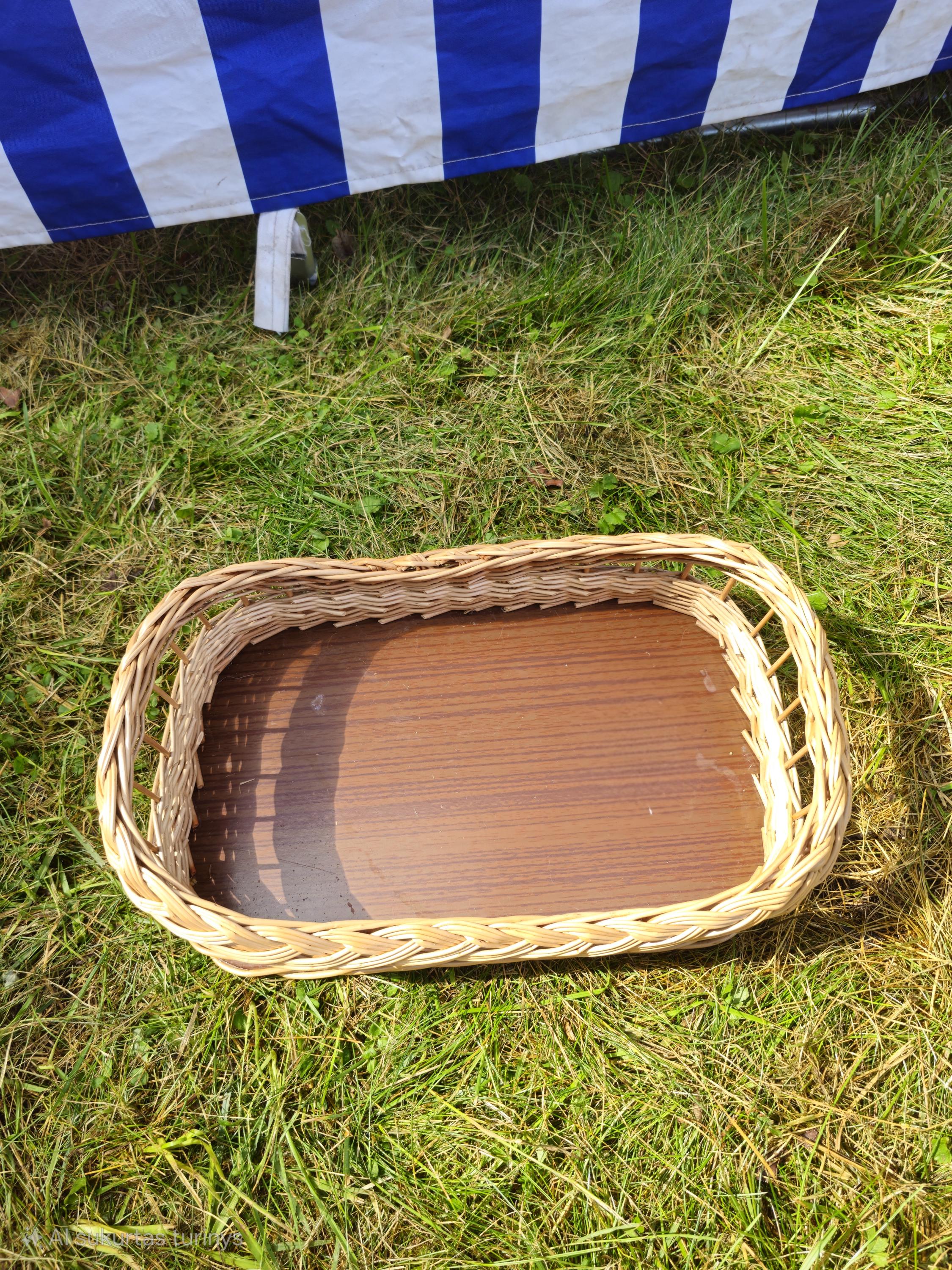 Wicker Serving Tray with Wooden Base - Handwoven Rectangular Basket