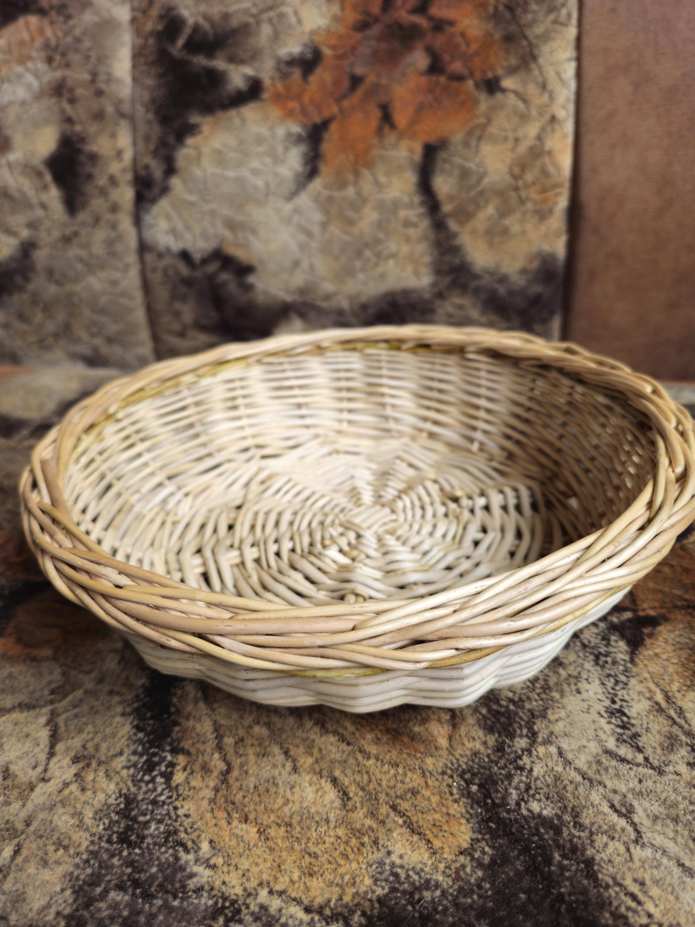 Rustic Bread Wicker Basket - Low round handmade serving bowl