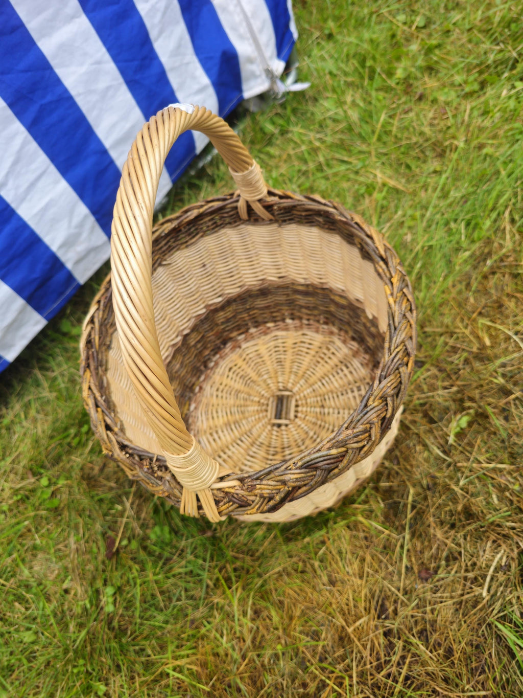 Wicker Basket with Dark Braided Rim - Rustic Handwoven Storage Basket