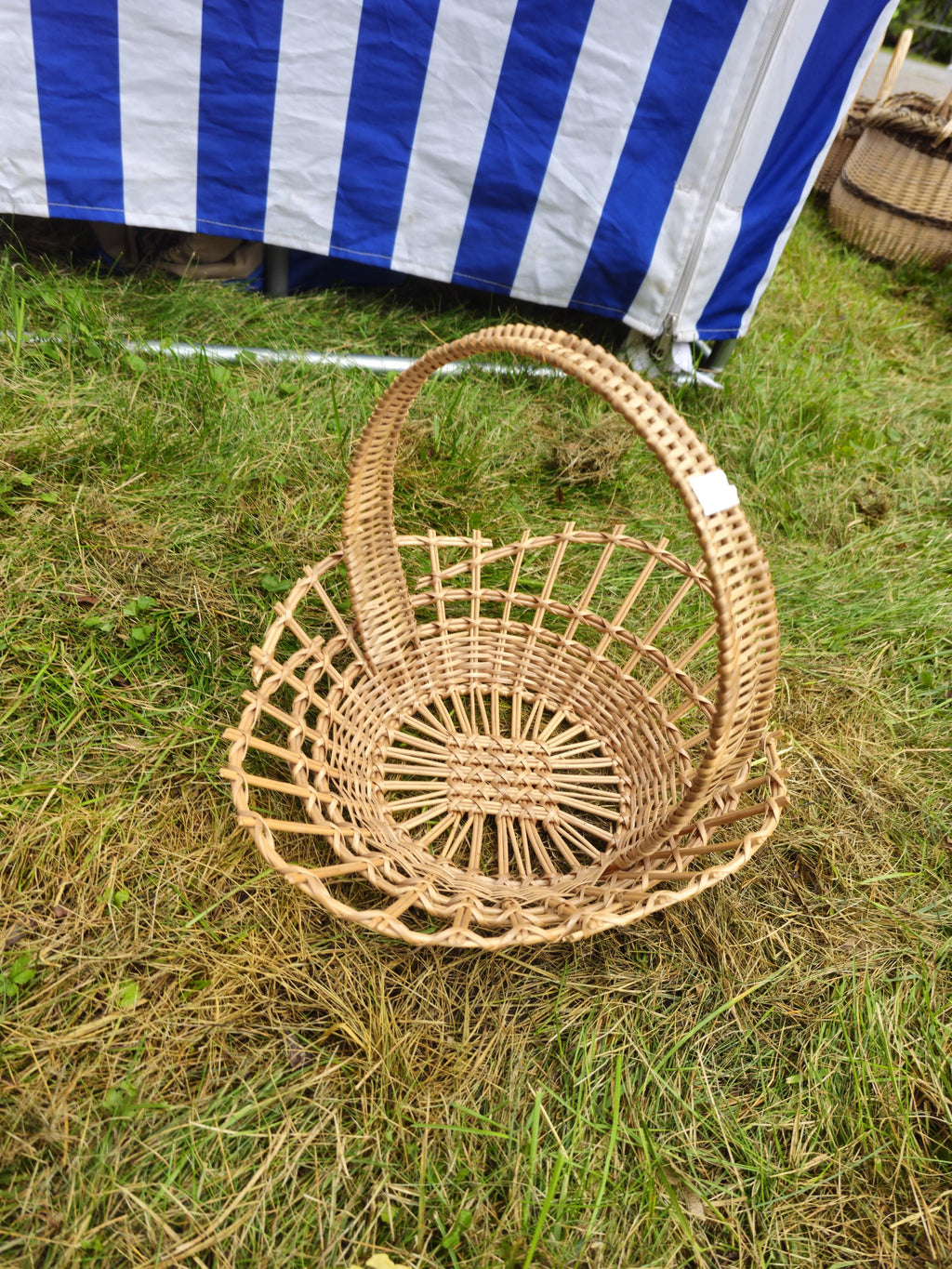 Shallow Wicker Display Basket with Arched Handle - Oval Handwoven Tray