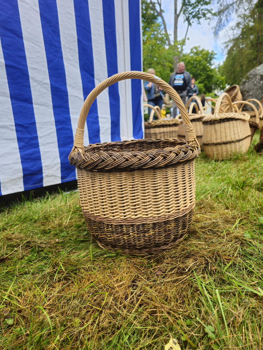 Wicker Basket with Dark Braided Rim - Rustic Handwoven Storage Basket