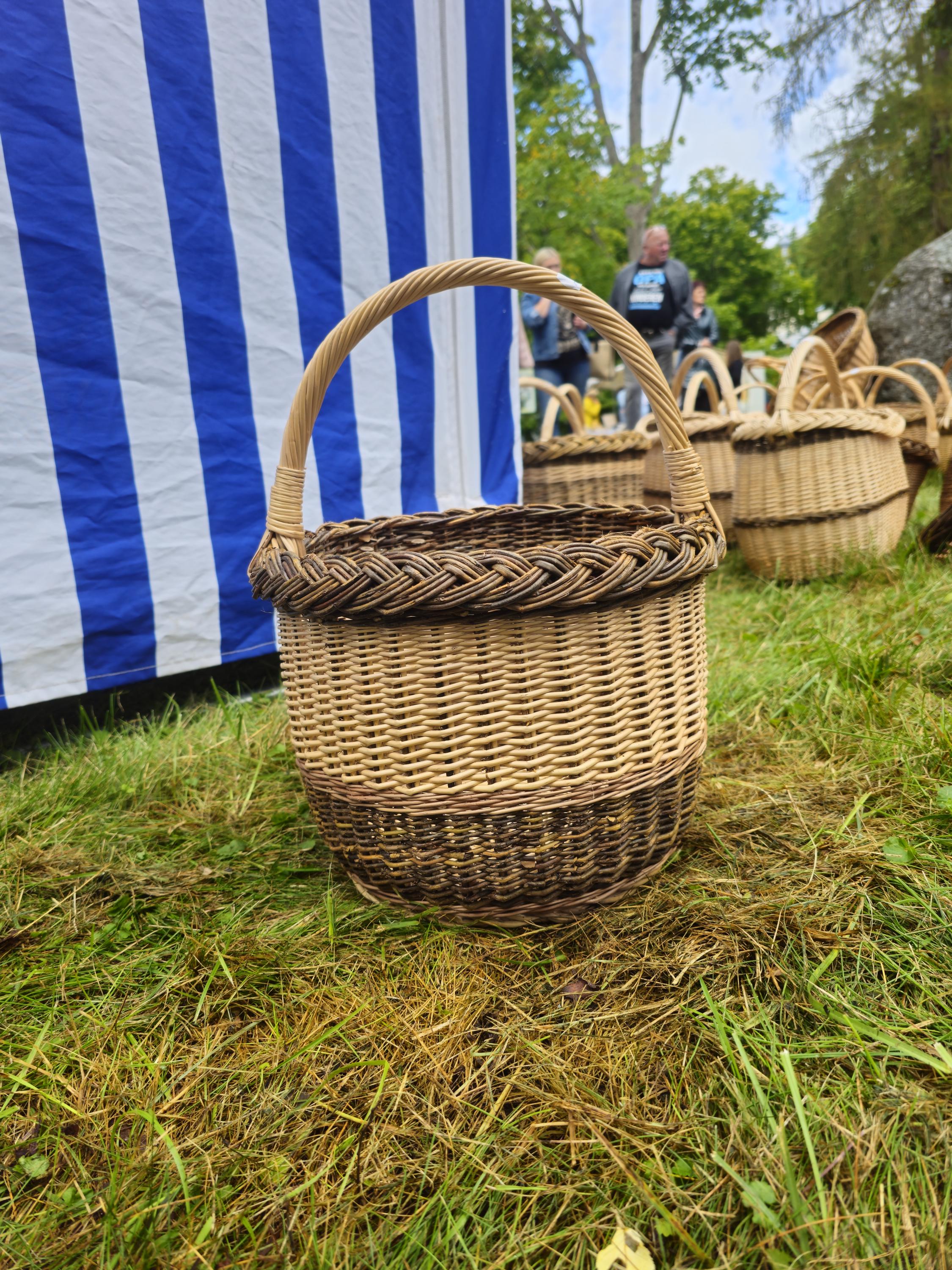 Wicker Basket with Dark Braided Rim - Rustic Handwoven Storage Basket