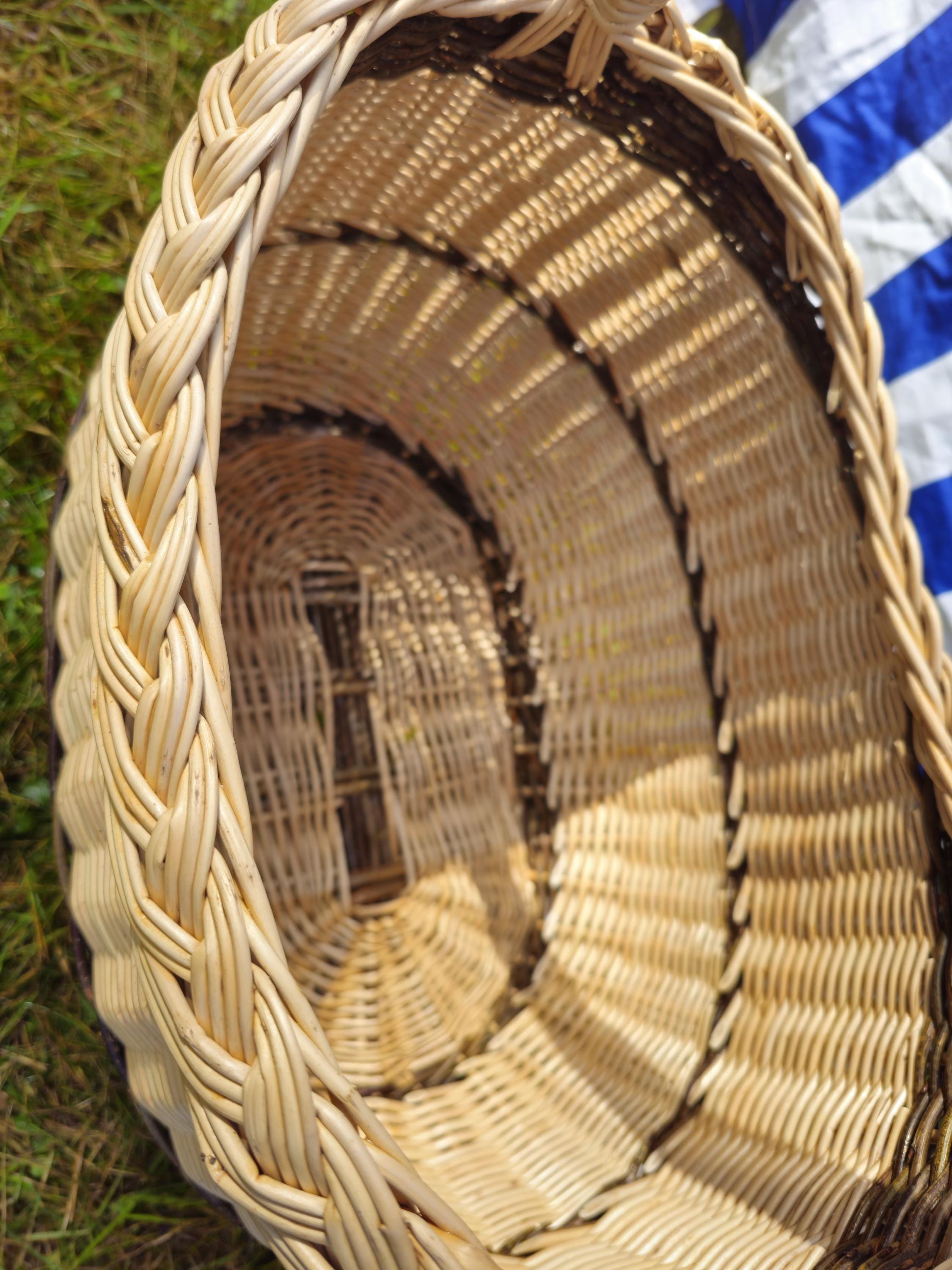 Long Willow Basket with Braided Rim - Tall Handwoven Wicker Basket