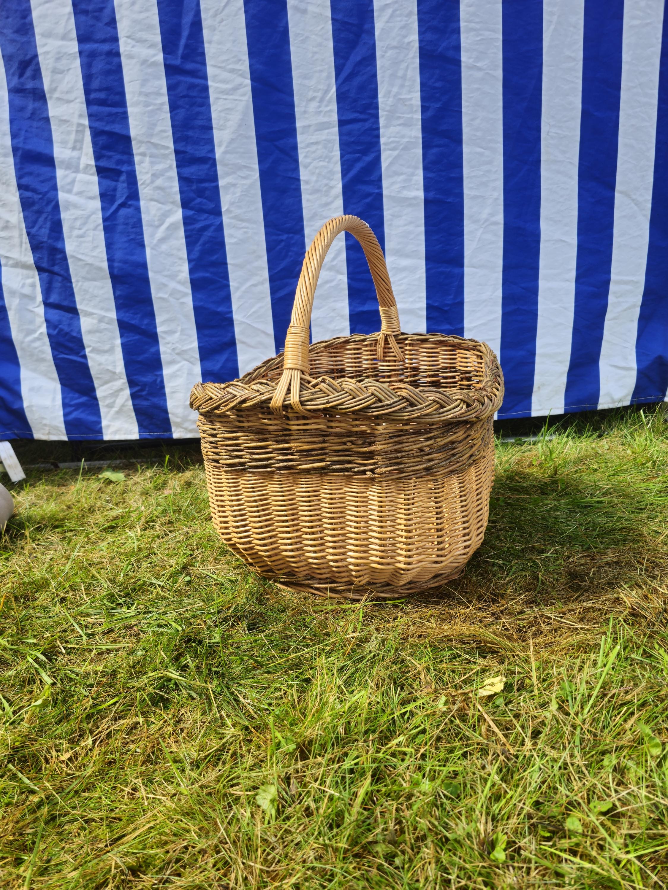 Wicker Mushroom Basket with Braided Rim - Handwoven Foraging Basket