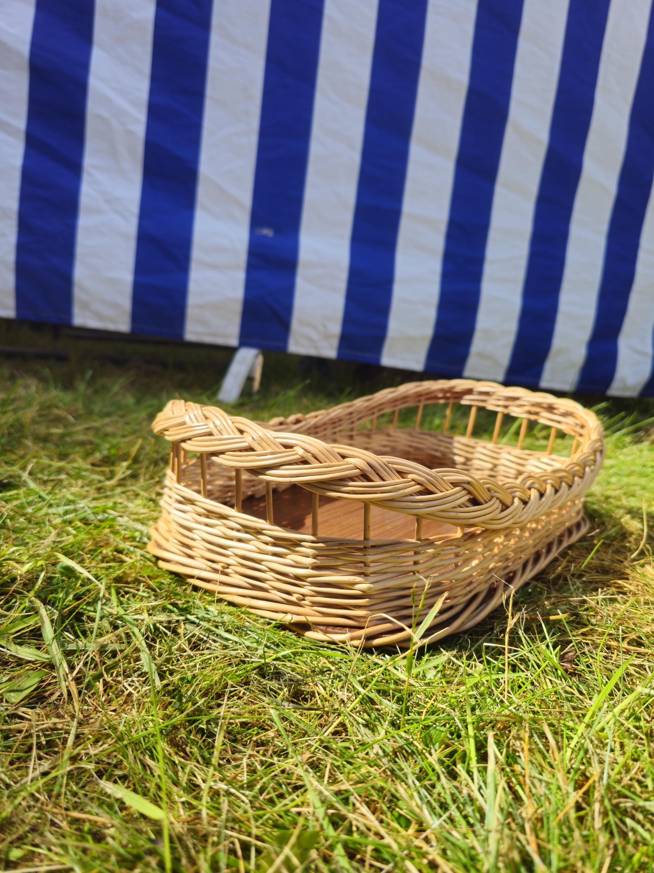 Wicker Serving Tray with Wooden Base - Handwoven Rectangular Basket