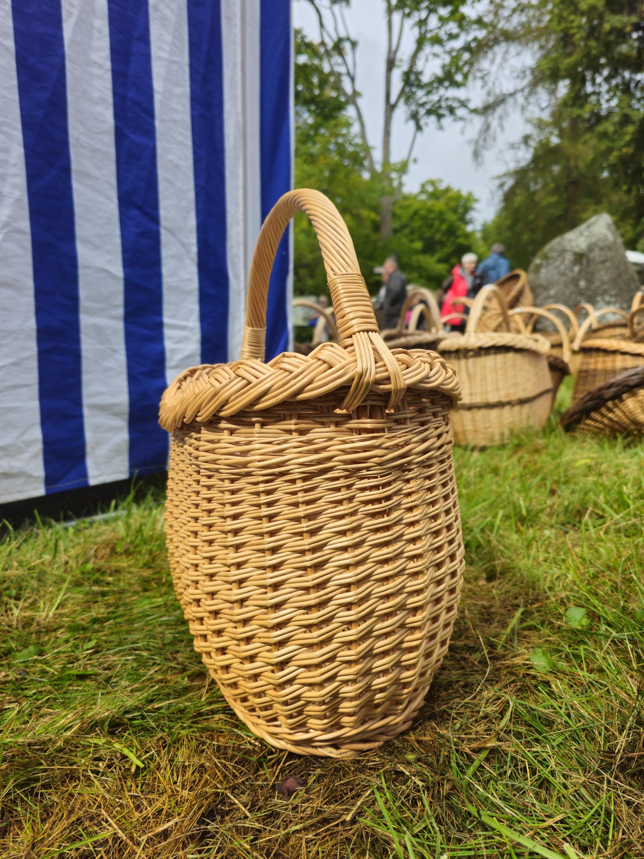 Wicker Basket with Braided Rim - Handwoven Oval Gathering Basket