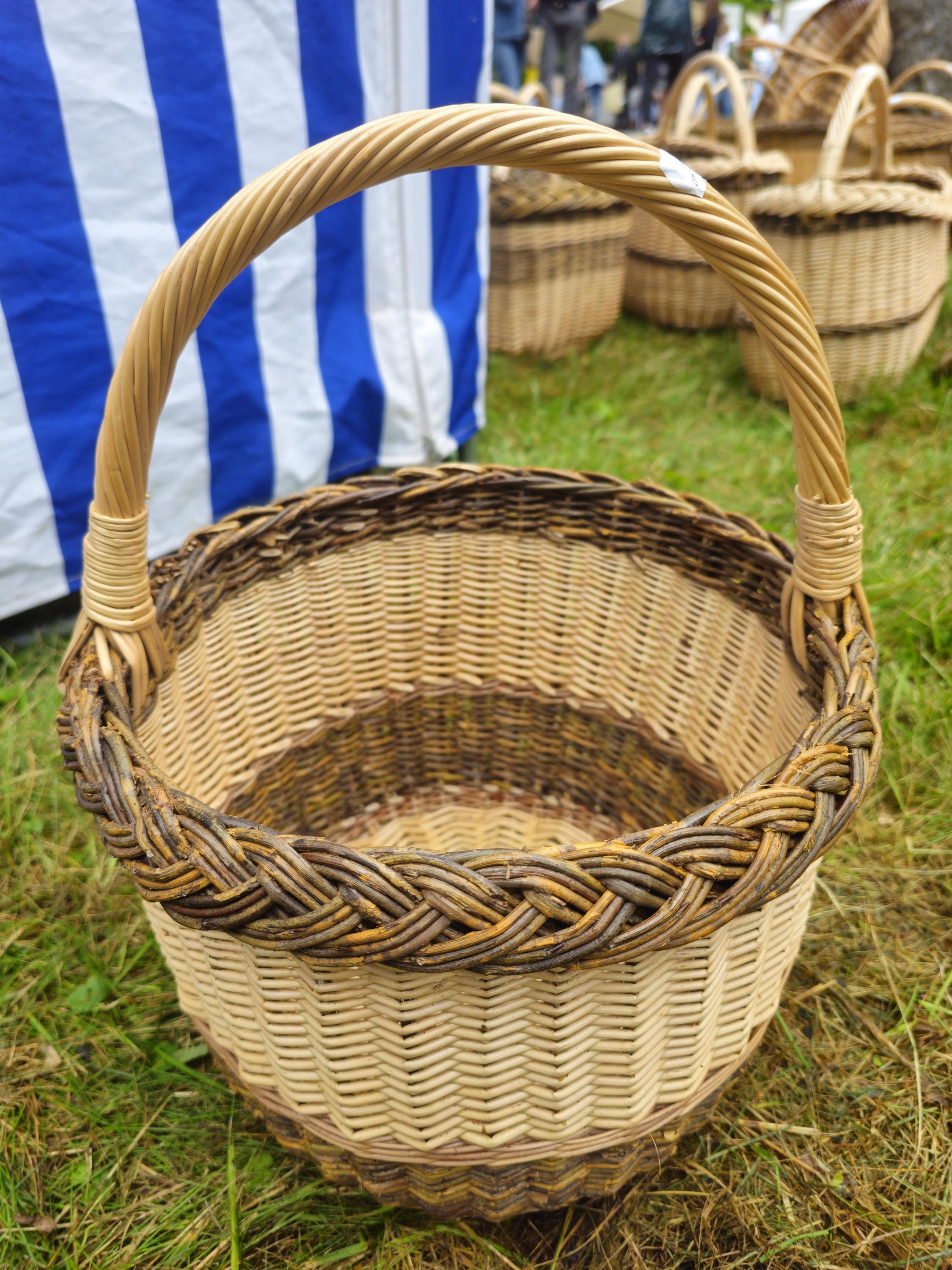 Wicker Basket with Dark Braided Rim - Rustic Handwoven Storage Basket
