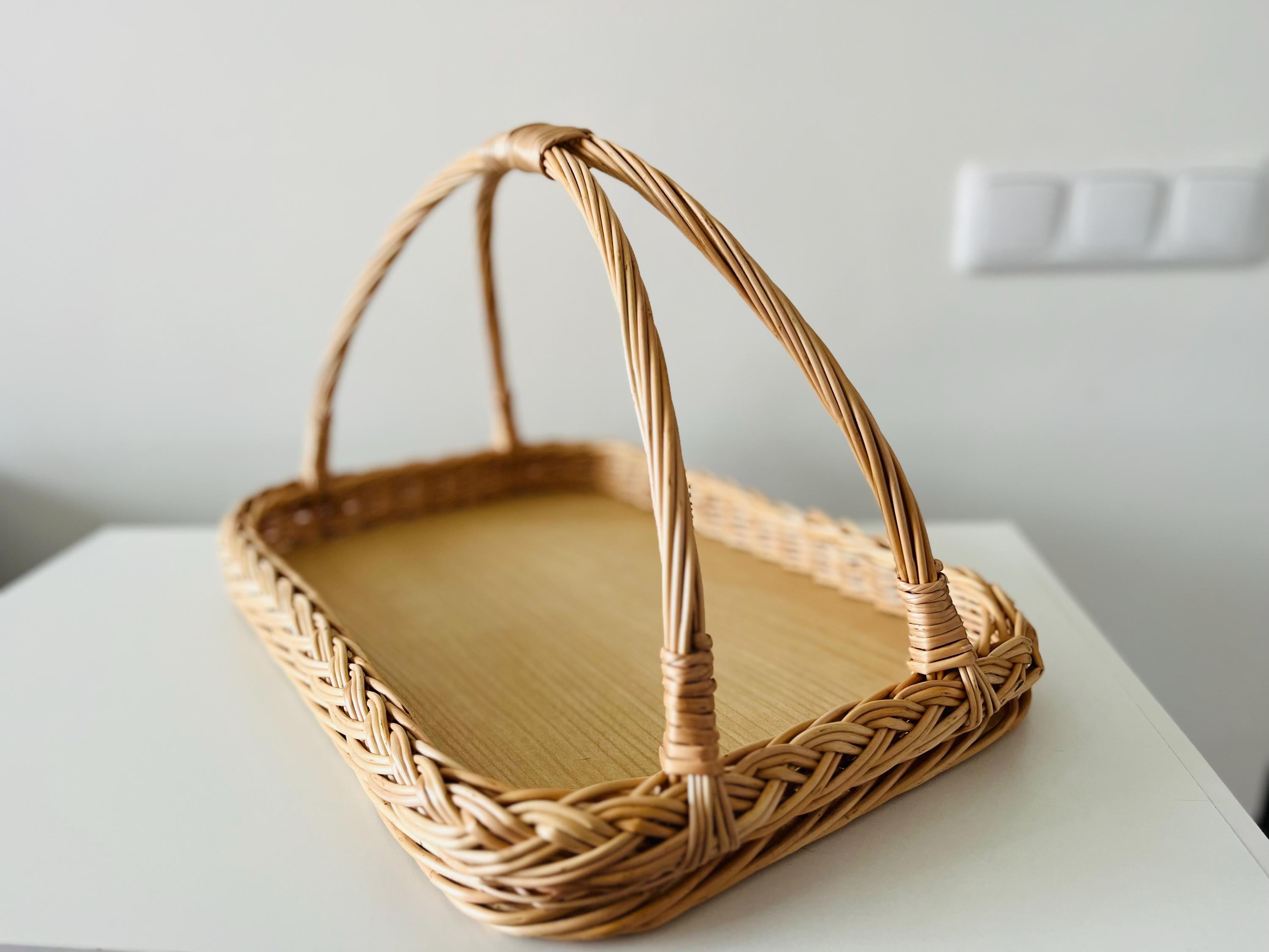 Handwoven Wicker Tray - Rustic Willow Serving Basket with Handles, Natural Table or Kitchen Decor