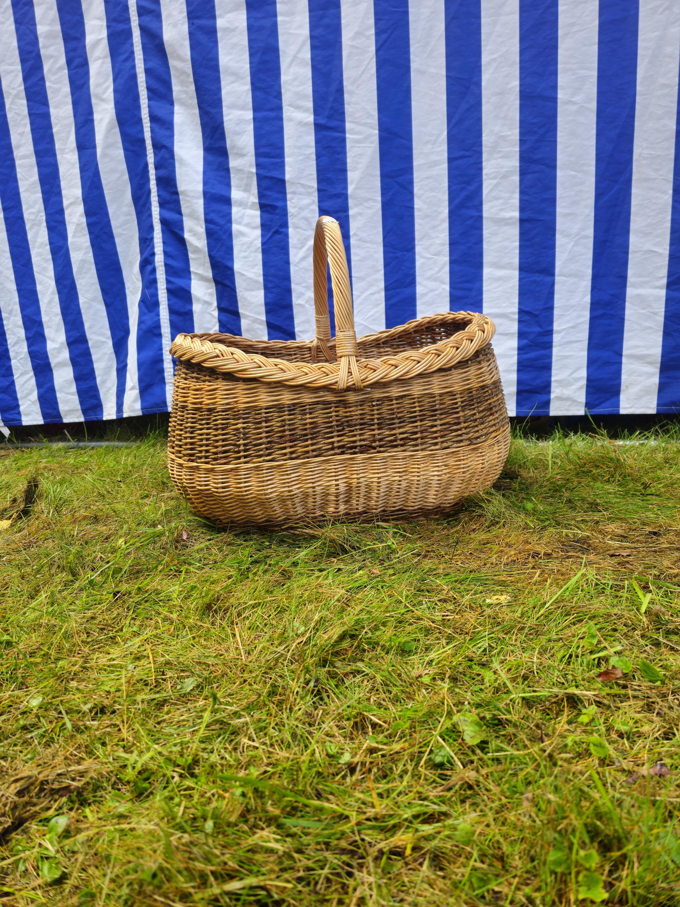 Braided Rim Large Wicker Gathering Basket - Rustic Handwoven Willow Foraging Basket