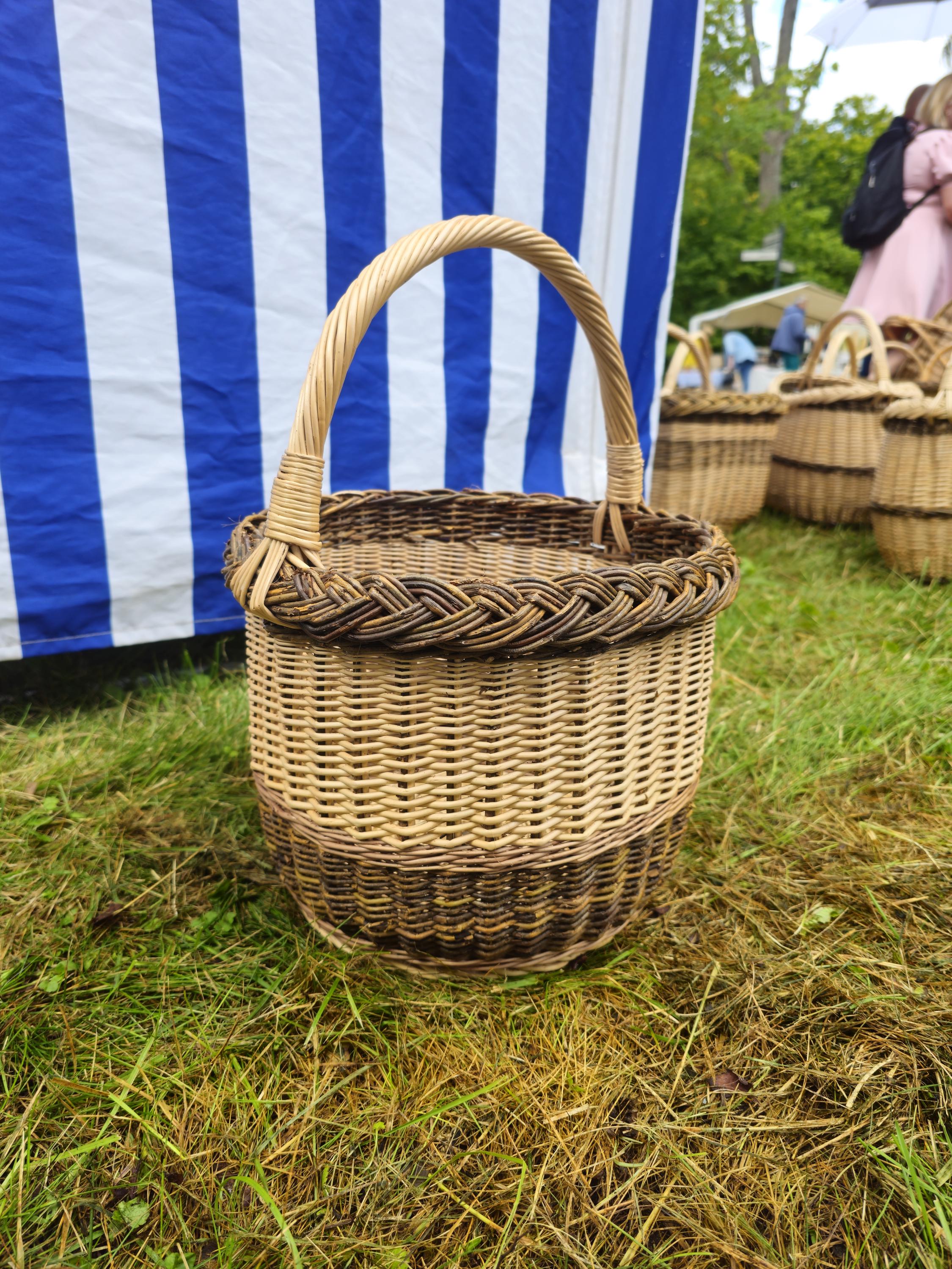 Wicker Basket with Dark Braided Rim - Rustic Handwoven Storage Basket
