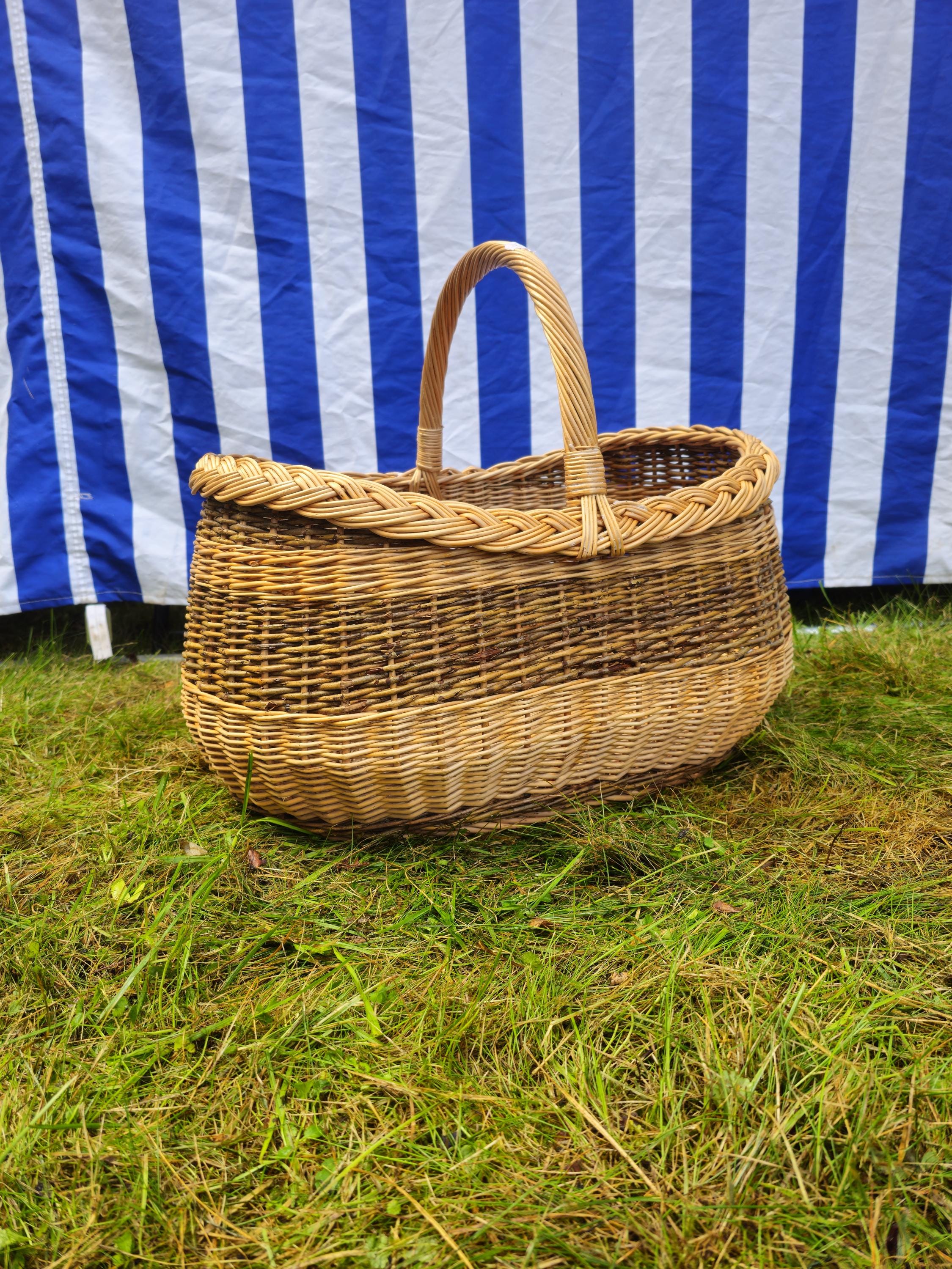 Braided Rim Large Wicker Gathering Basket - Rustic Handwoven Willow Foraging Basket