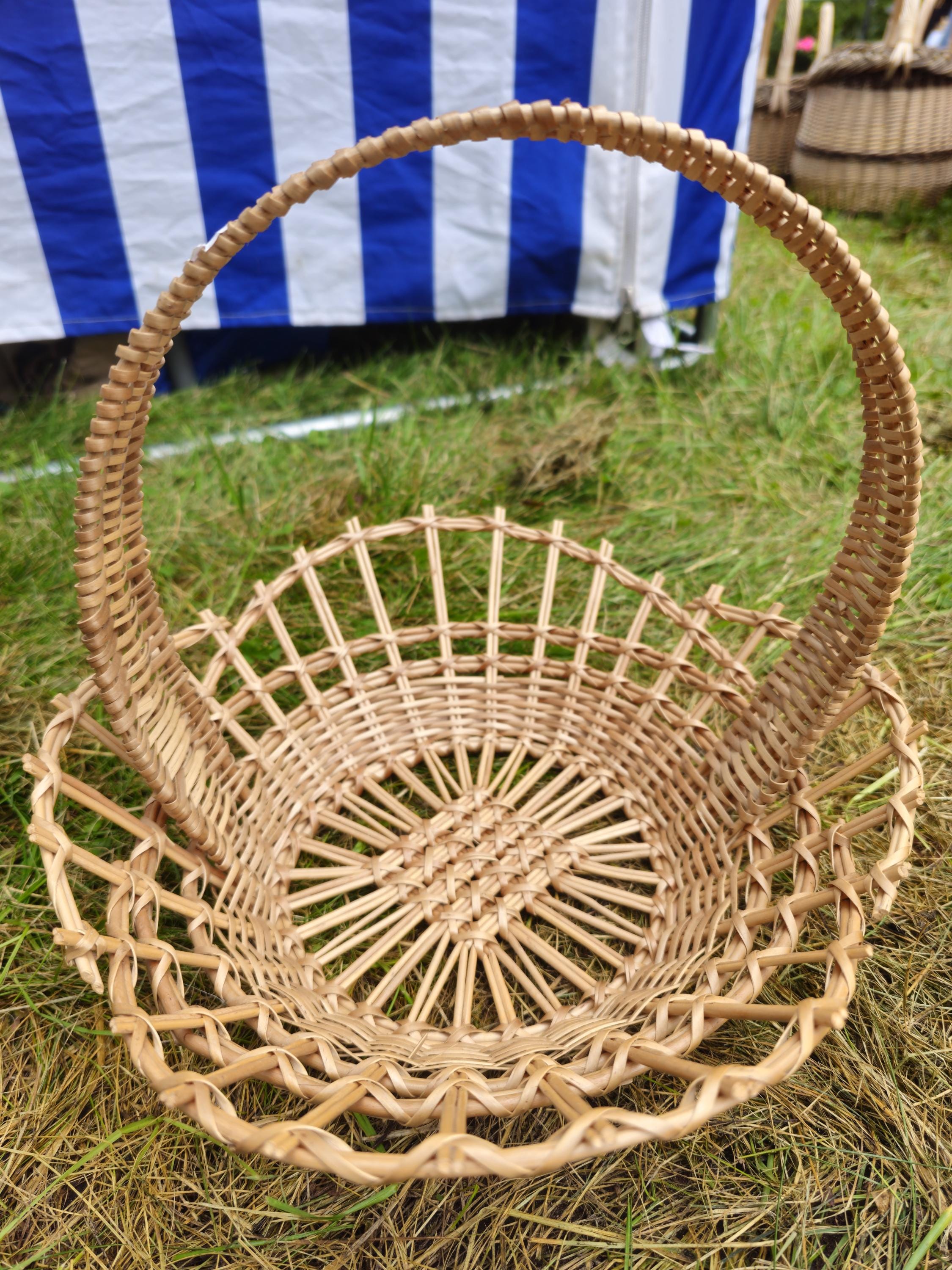 Shallow Wicker Display Basket with Arched Handle - Oval Handwoven Tray