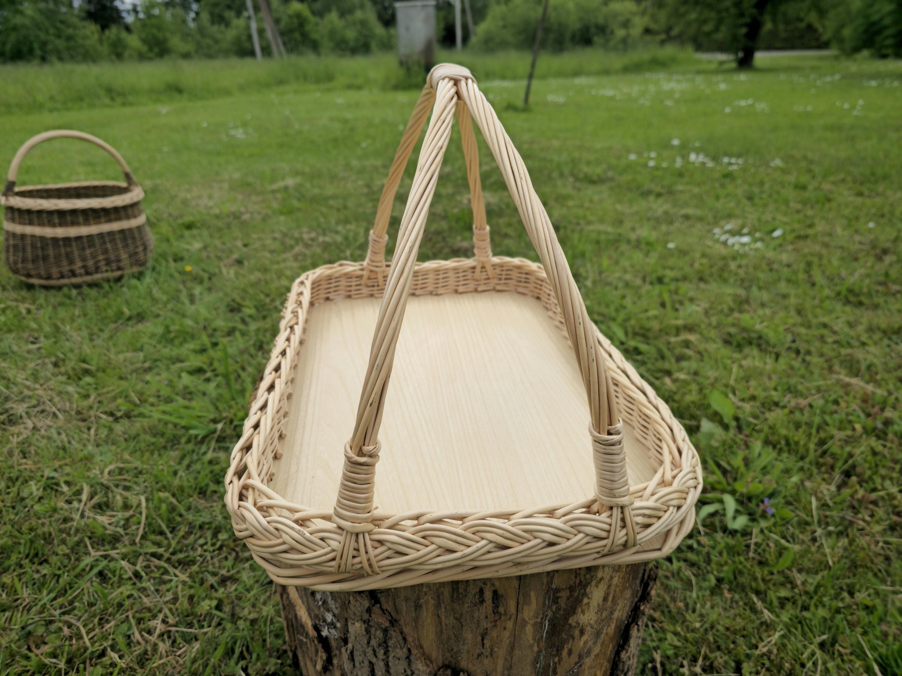 Handwoven Wicker Tray - Rustic Willow Serving Basket with Handles, Natural Table or Kitchen Decor