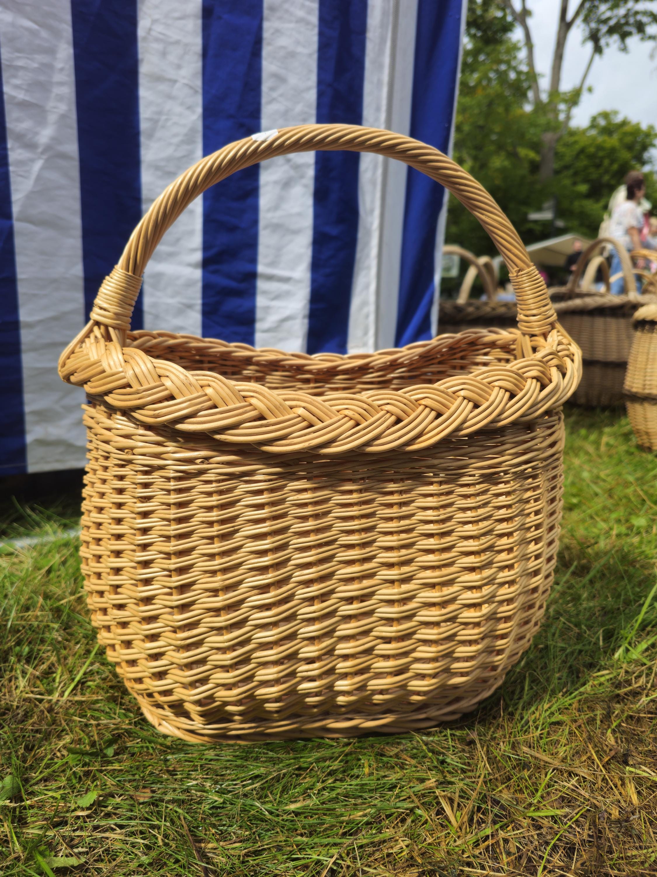 Wicker Basket with Braided Rim - Handwoven Oval Gathering Basket
