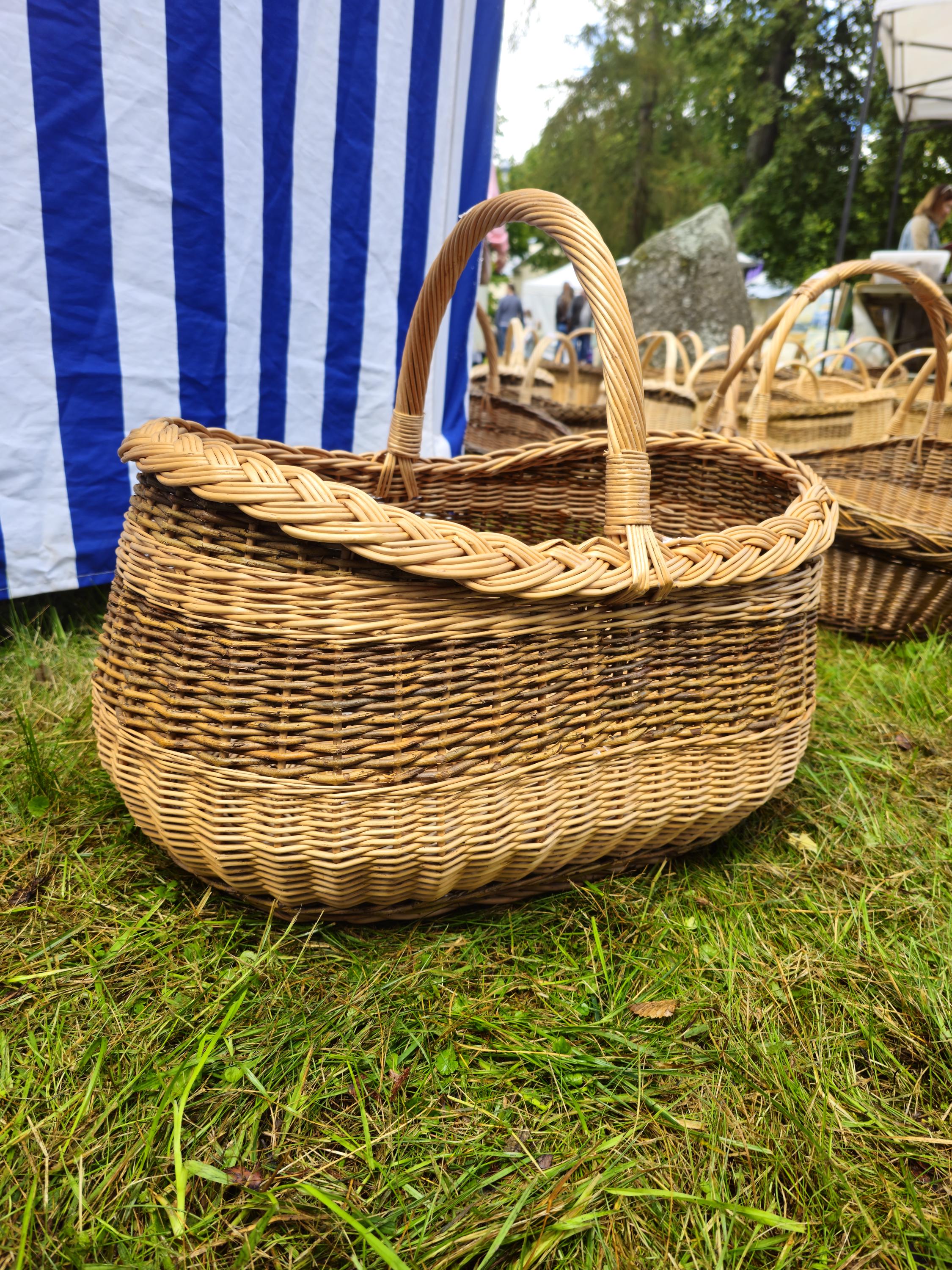 Braided Rim Large Wicker Gathering Basket - Rustic Handwoven Willow Foraging Basket