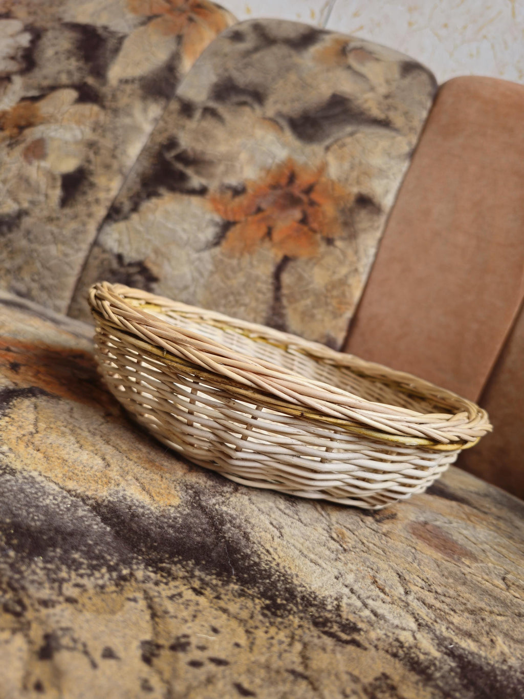 Rustic Bread Wicker Basket - Low round handmade serving bowl