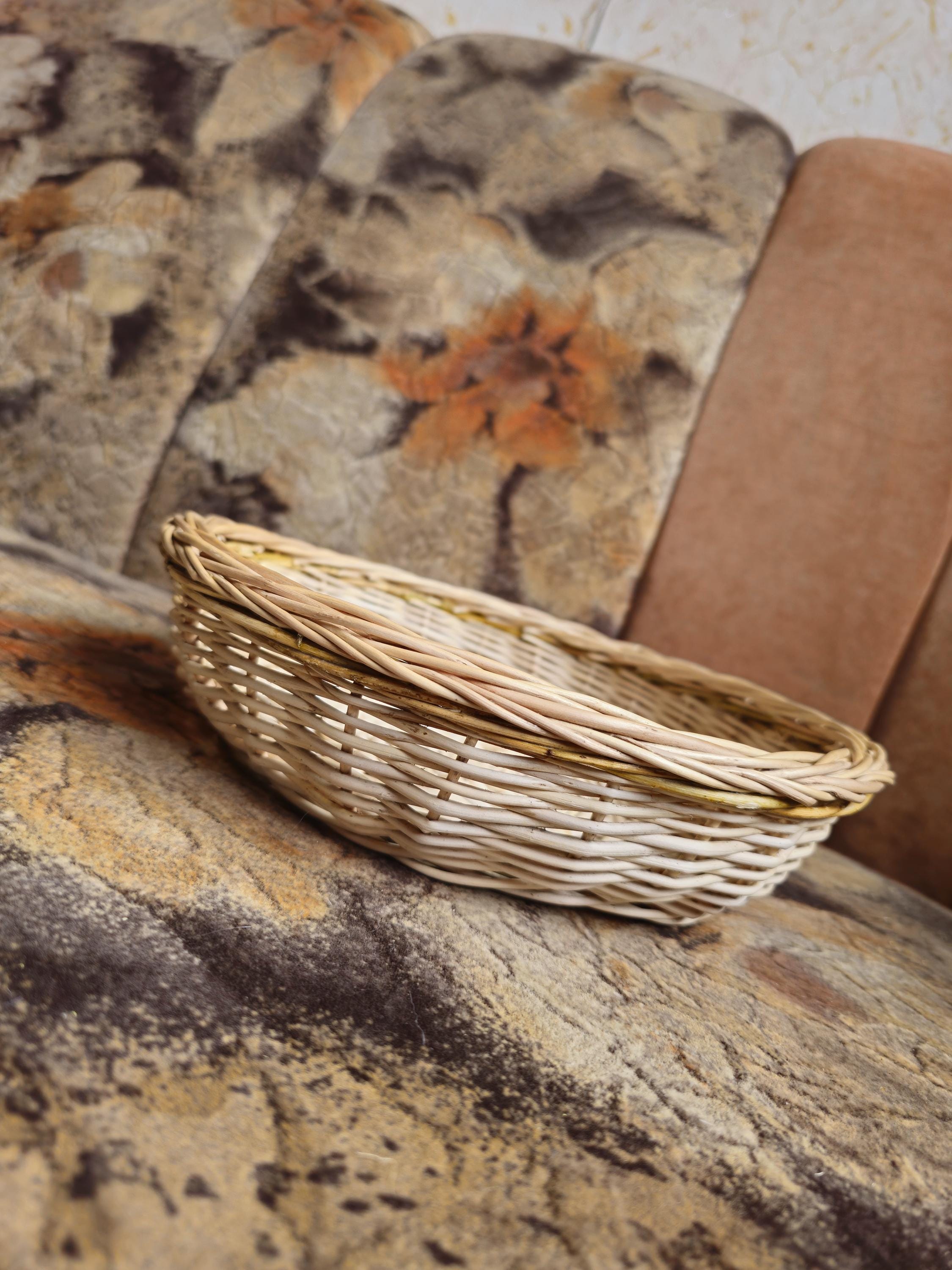 Rustic Bread Wicker Basket - Low round handmade serving bowl