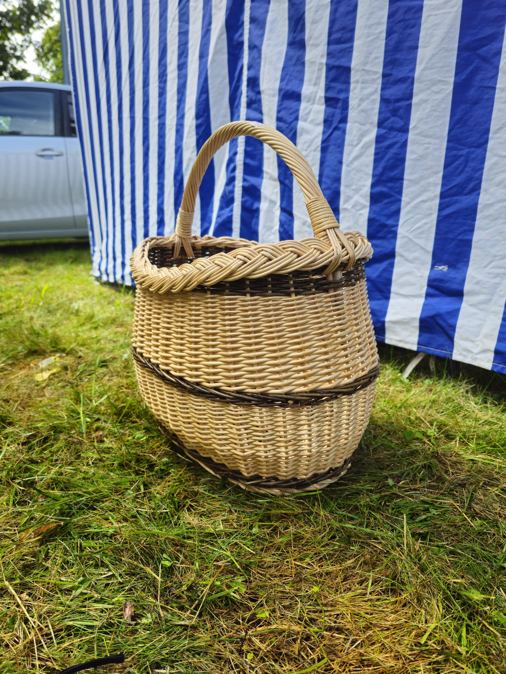 Long Willow Basket with Braided Rim - Tall Handwoven Wicker Basket