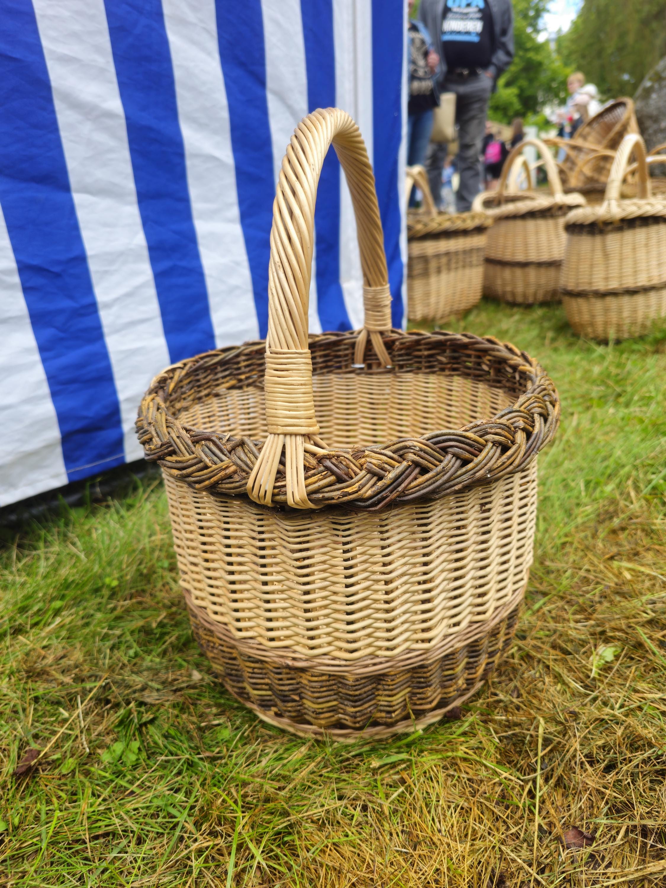 Wicker Basket with Dark Braided Rim - Rustic Handwoven Storage Basket