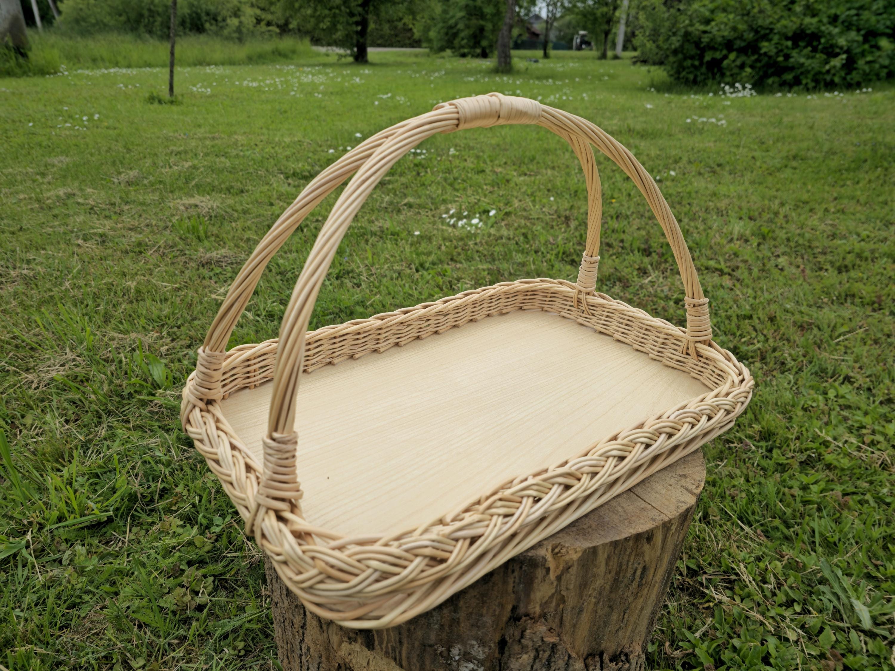 Handwoven Wicker Tray - Rustic Willow Serving Basket with Handles, Natural Table or Kitchen Decor