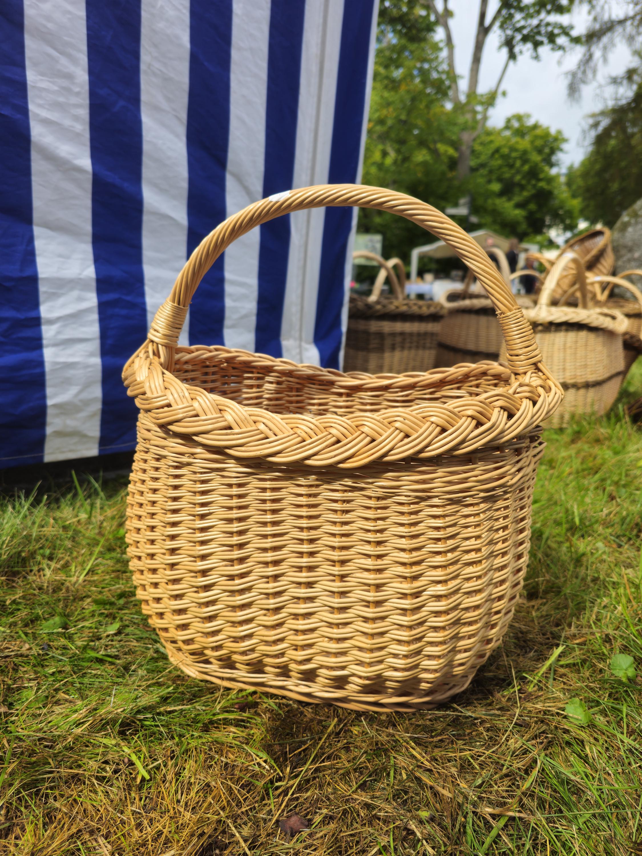 Wicker Basket with Braided Rim - Handwoven Oval Gathering Basket
