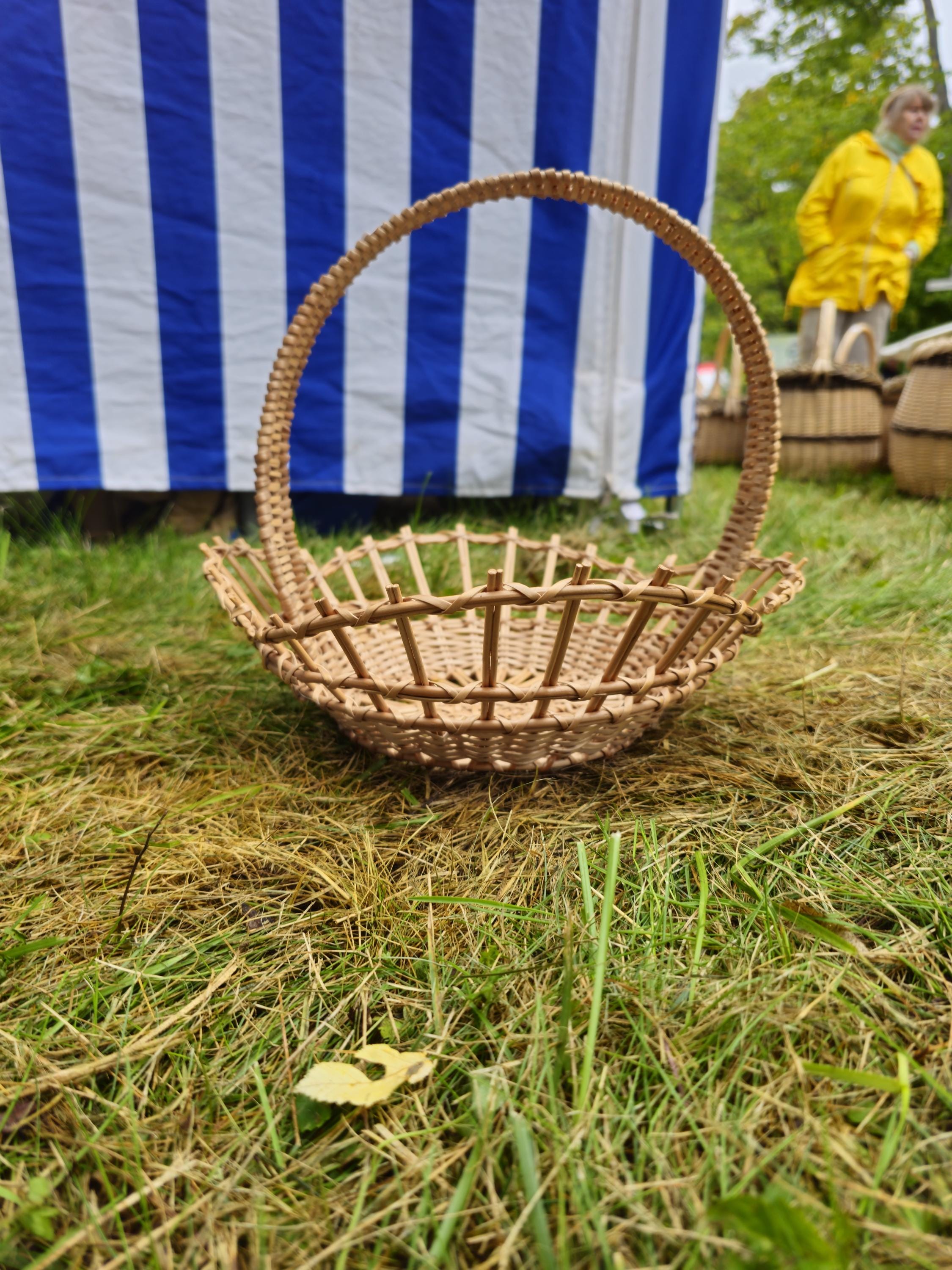 Shallow Wicker Display Basket with Arched Handle - Oval Handwoven Tray