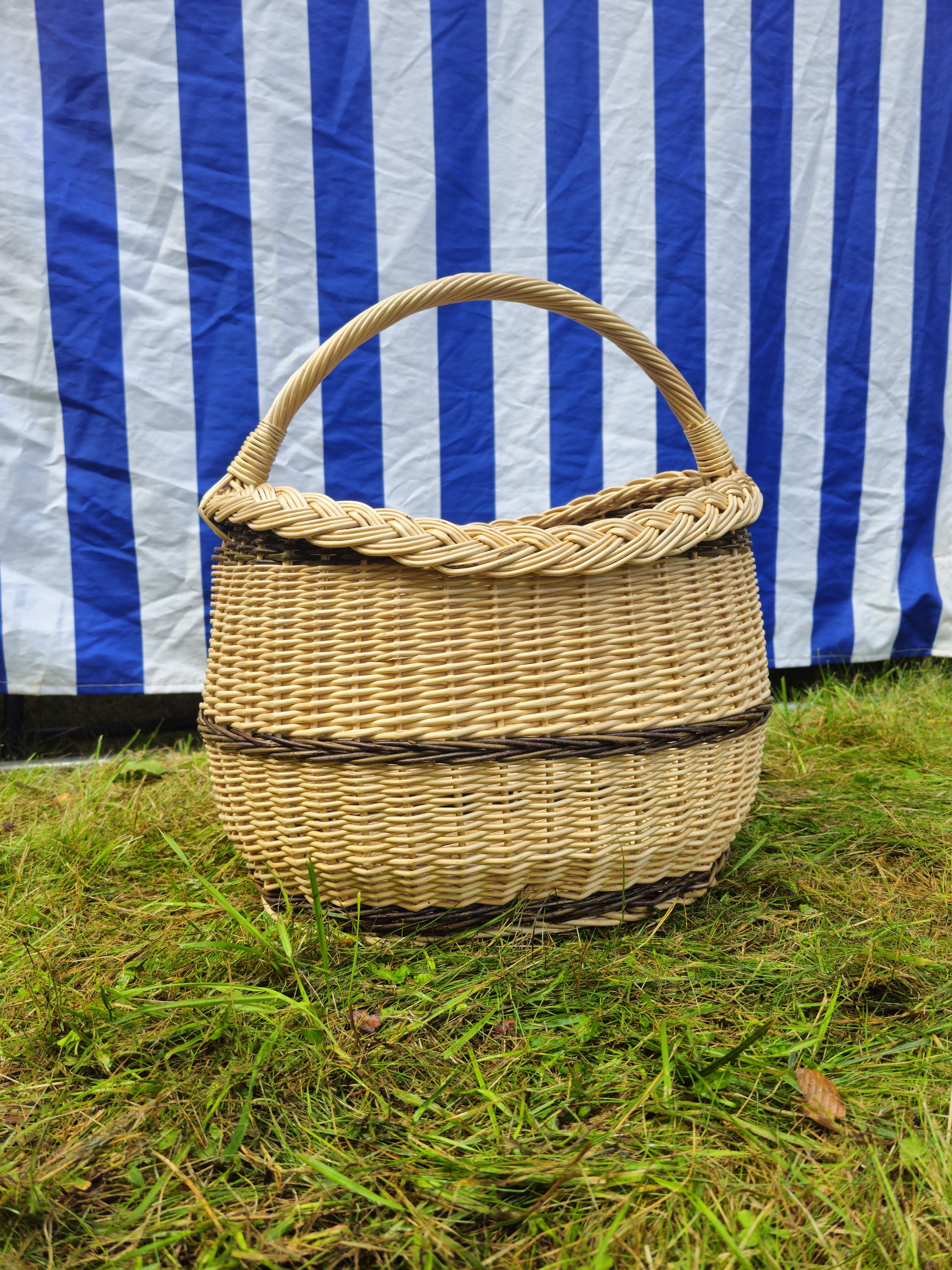 Long Willow Basket with Braided Rim - Tall Handwoven Wicker Basket
