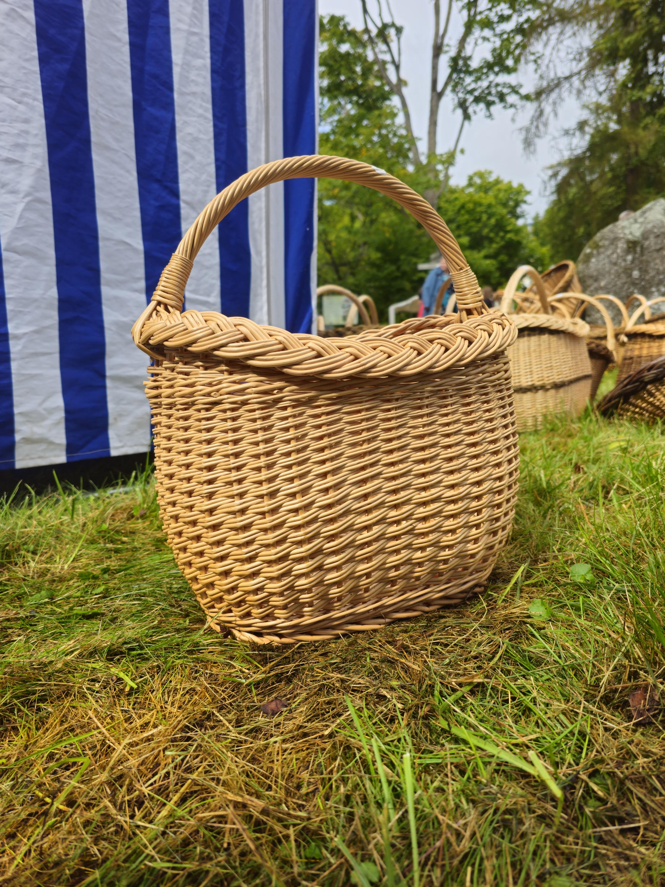 Wicker Basket with Braided Rim - Handwoven Oval Gathering Basket