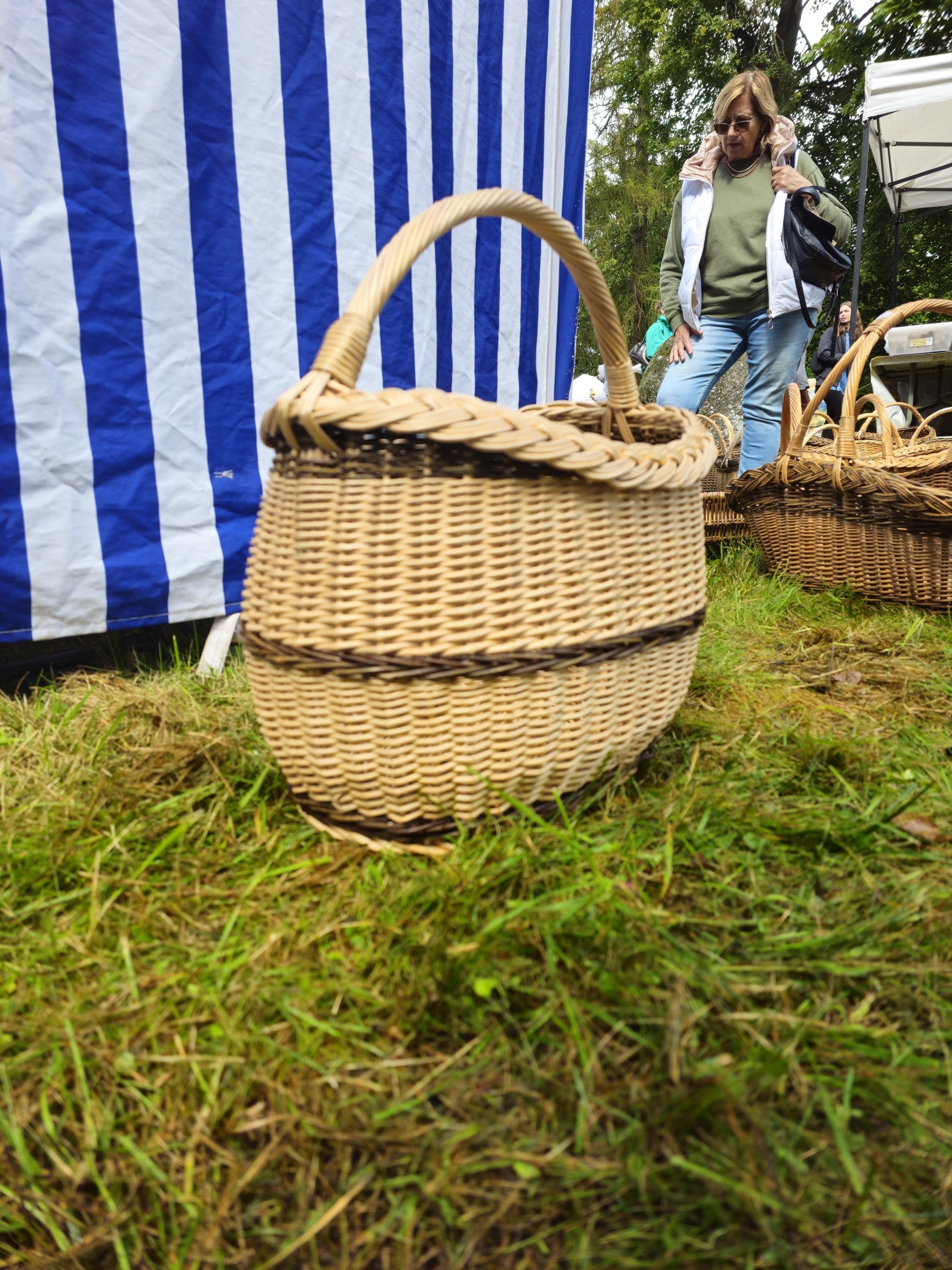 Long Willow Basket with Braided Rim - Tall Handwoven Wicker Basket