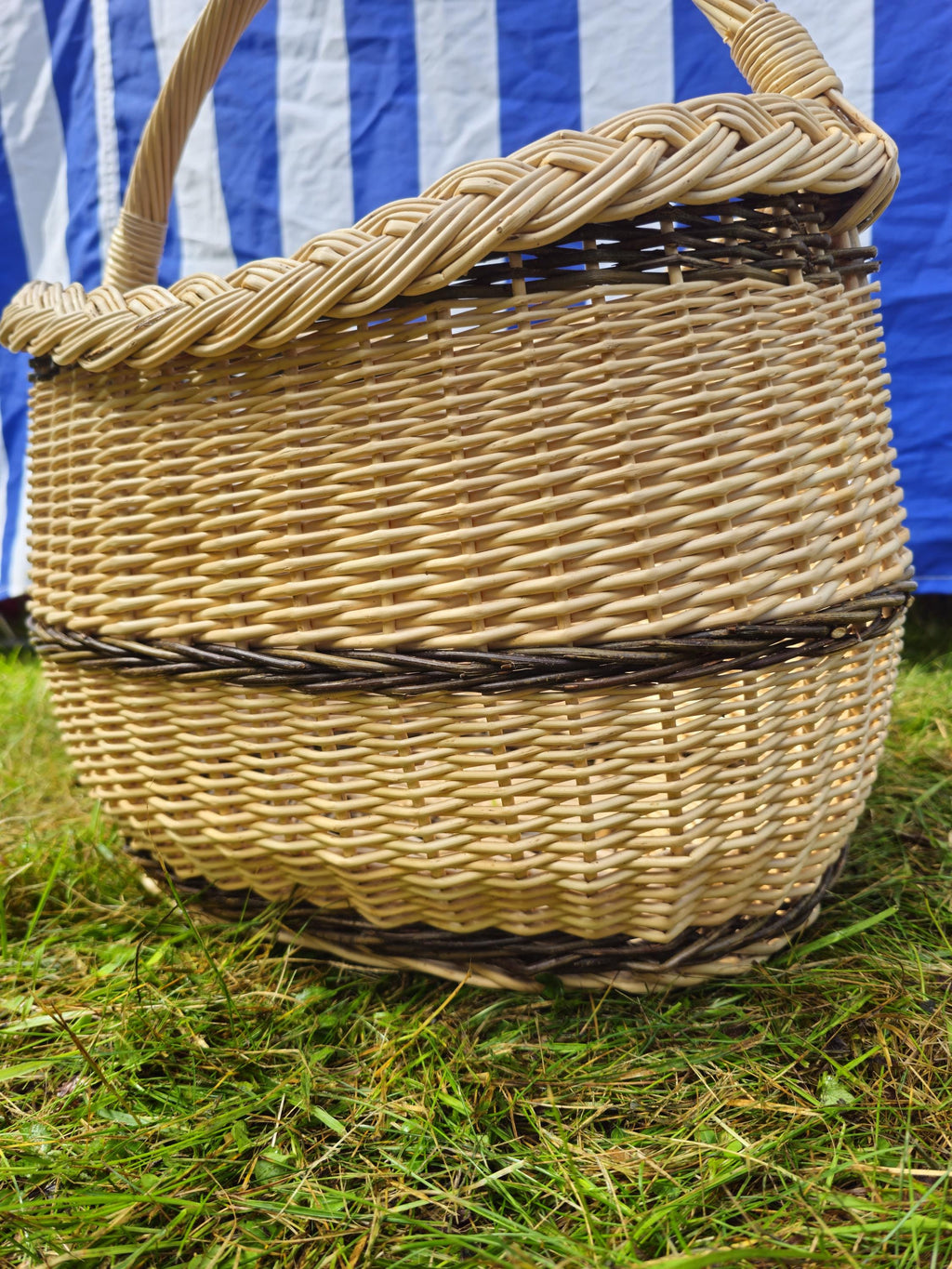 Long Willow Basket with Braided Rim - Tall Handwoven Wicker Basket